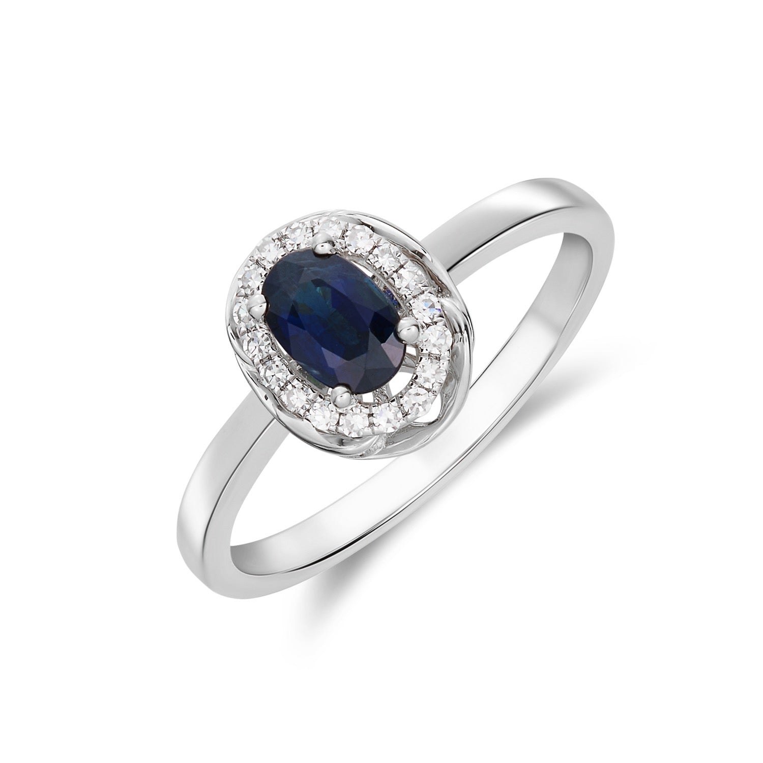 9CT WG 6X4 OVAL SAPPHIRE & DIAMOND CLUSTER RING WITH ROPE EDGE 1