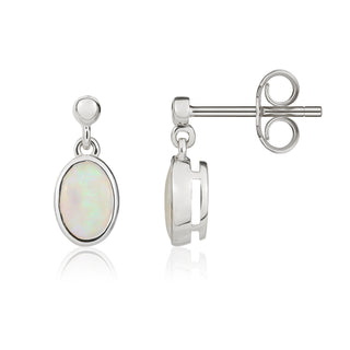 9ct white gold 6 x 4 mm oval Opal rubover Drop Earrings With 2.5mm Bead Top