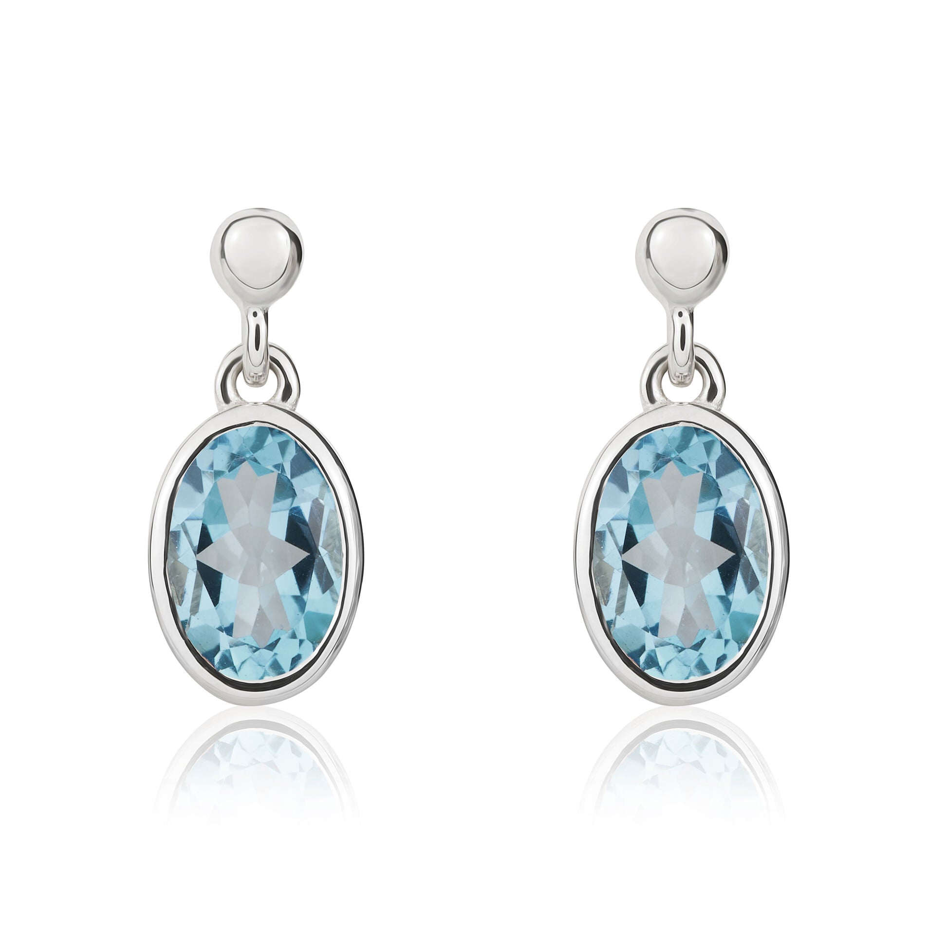 9ct white gold 7 x 5mm oval Swiss Blue Topaz rubover Drop Earrings With Bead Top