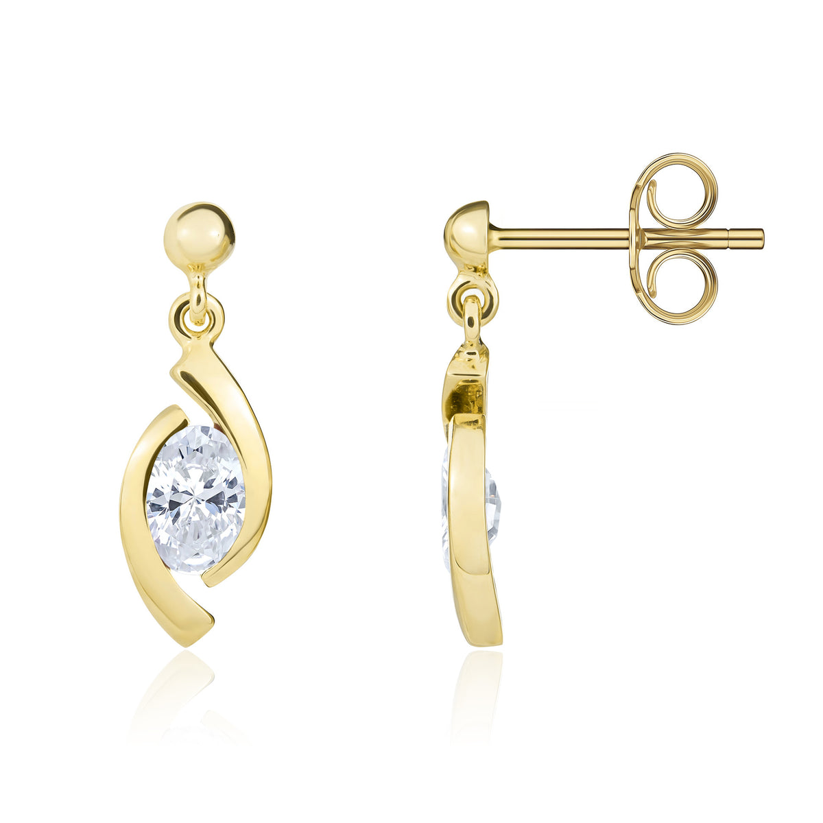 9ct Yellow Gold Oval CZ 'eye' Drop Earrings with 3mm Bead Top