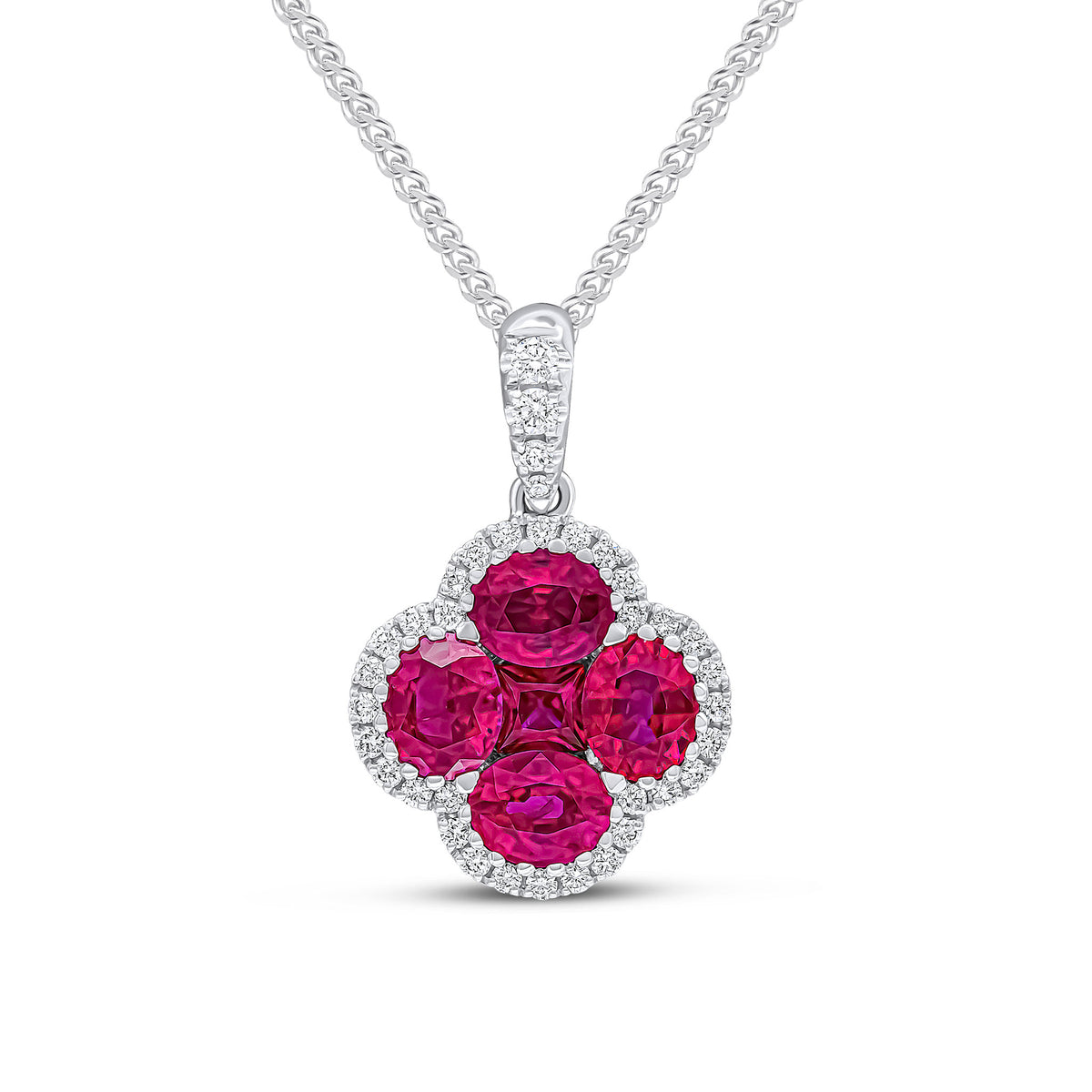18ct White Gold Oval & Square Ruby and Round Diamond Quatrefoil Pendant with Diamond Set Loop
