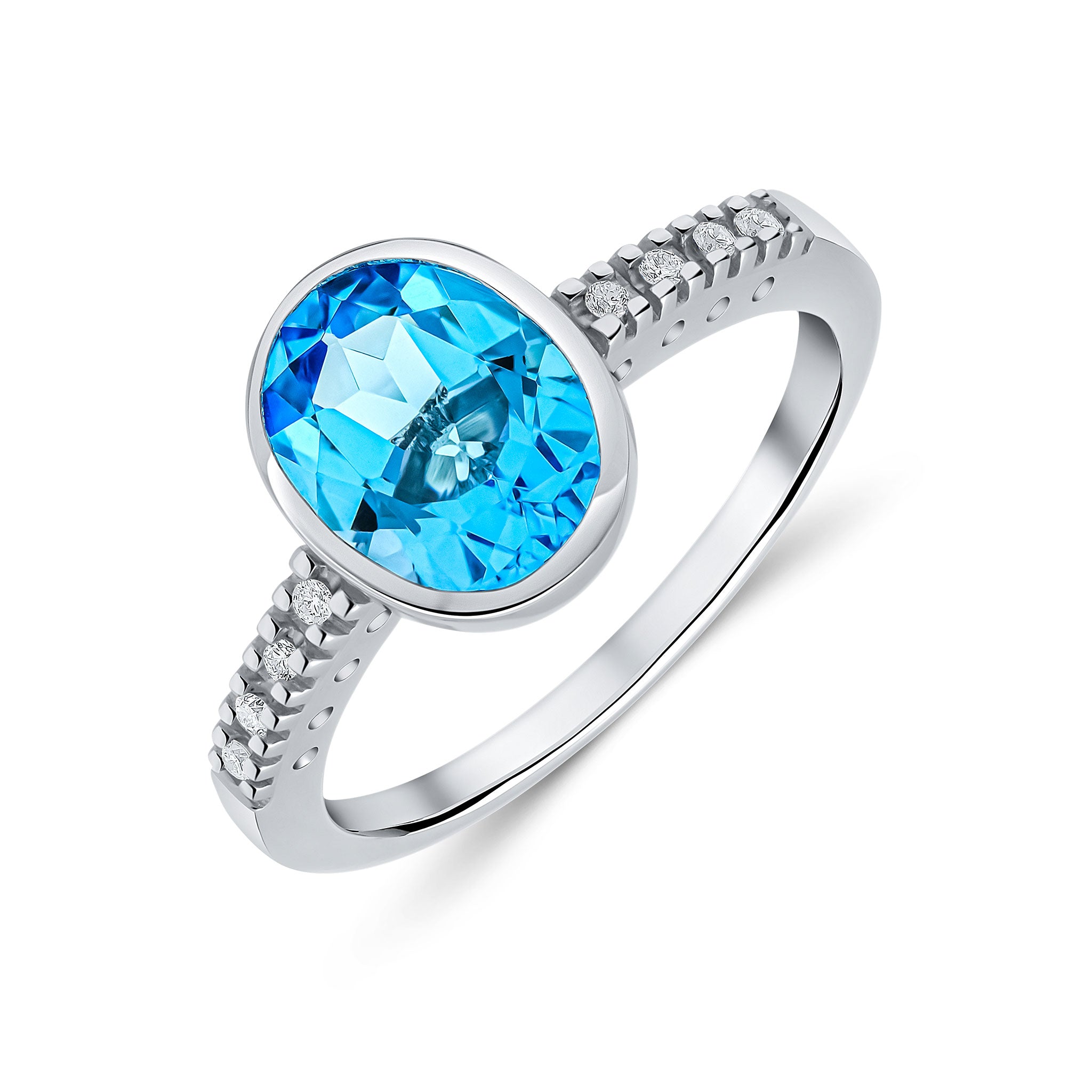 9CT WG RUBOVER 9X7 OVAL SWISS BLUE TOPAZ SINGLE STONE RING WITH CLAW SET DIAMOND SHOULDERS 1