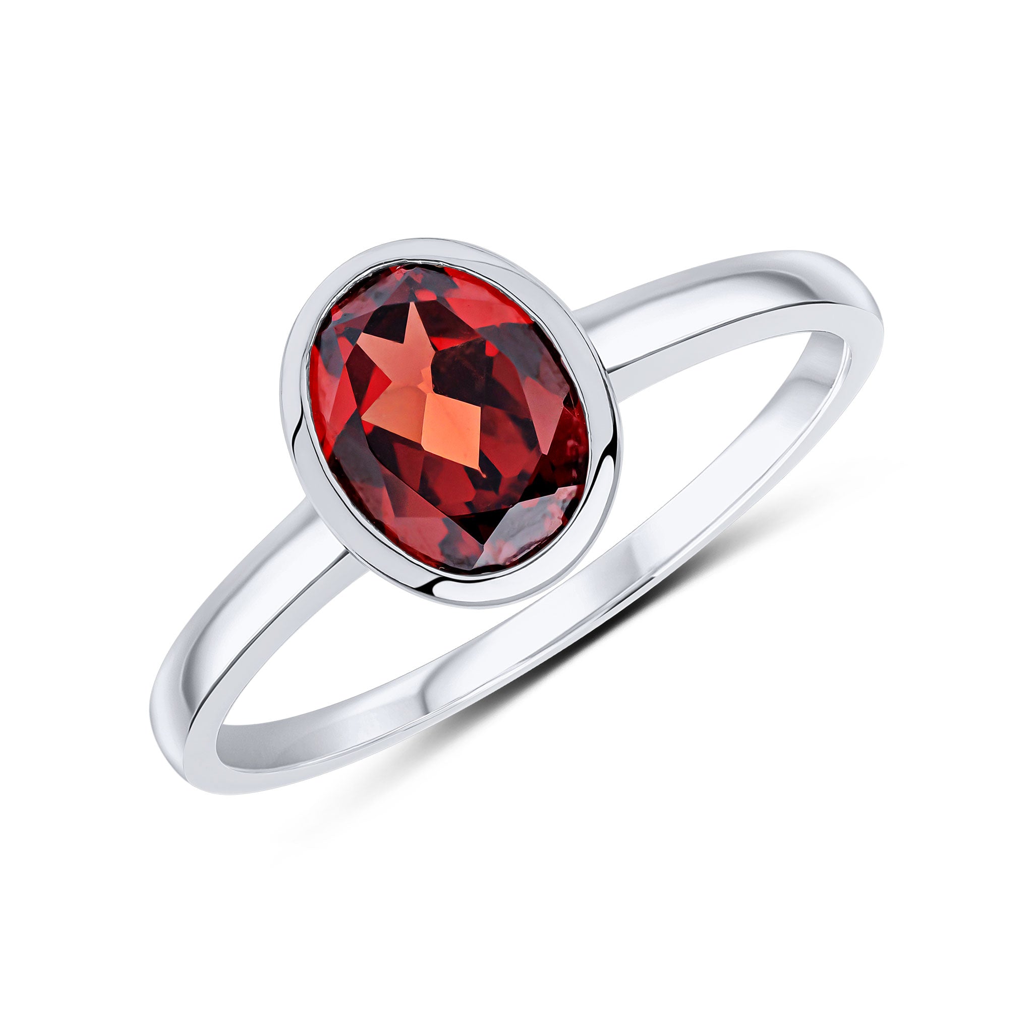 9ct White Gold 8x6 Oval Garnet Rubover Single Stone Ring