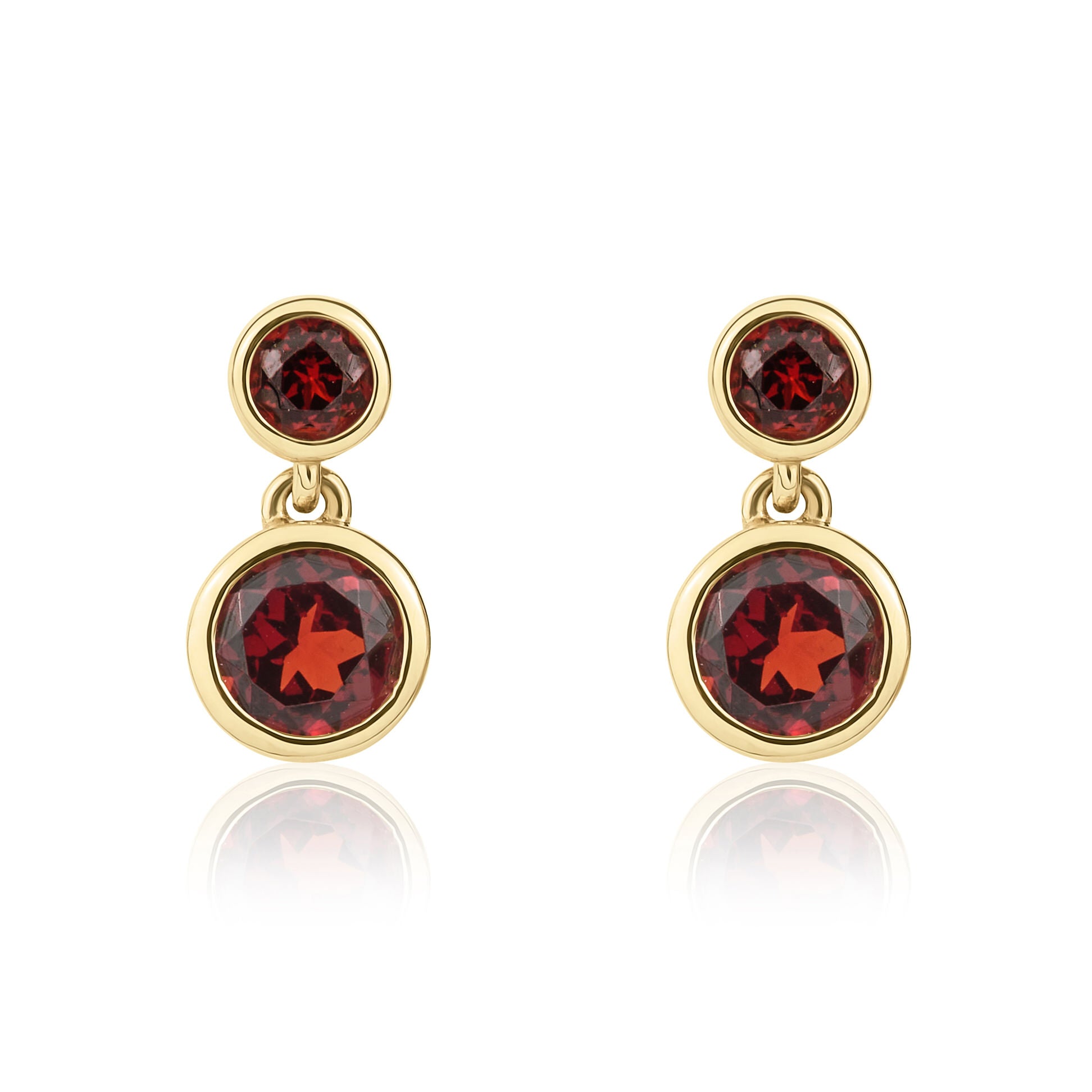 9ct Yellow Gold Round Garnet Double Drop Earrings