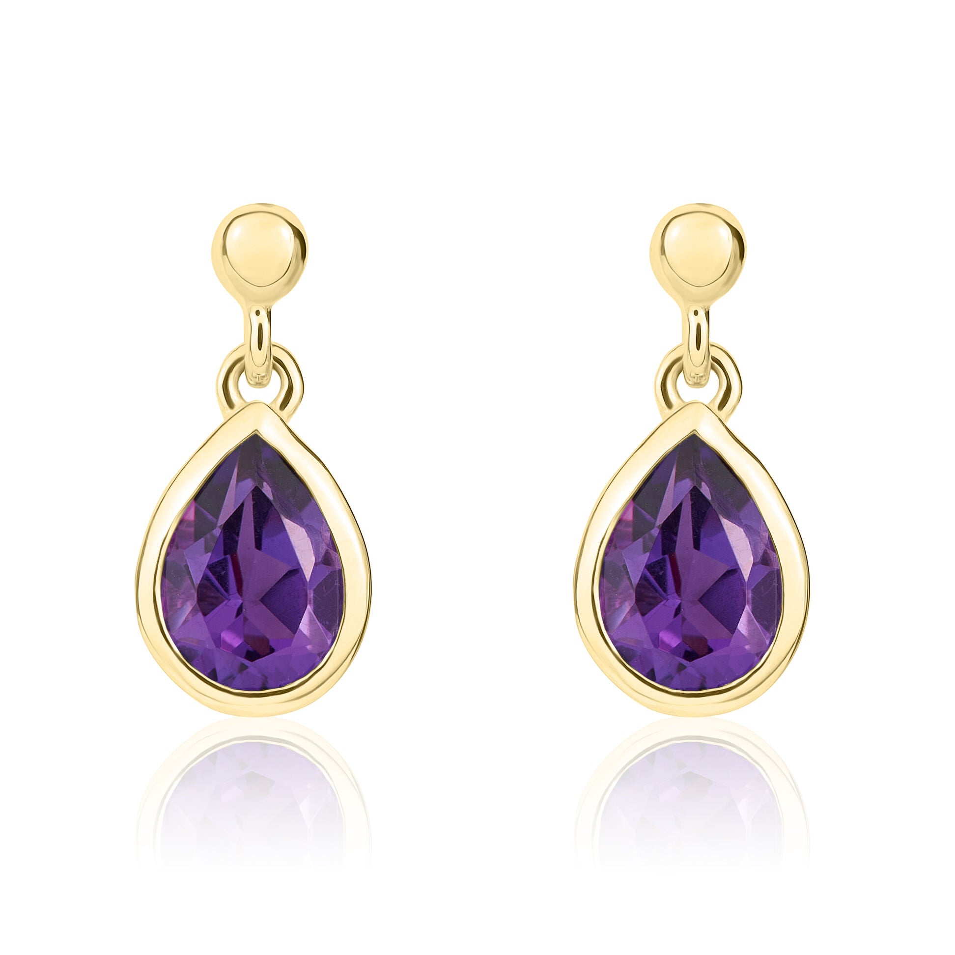 9ct Yellow Gold 7x5 Pear Shape Amethyst Rubover Drop Earrings with Bead Stud Top