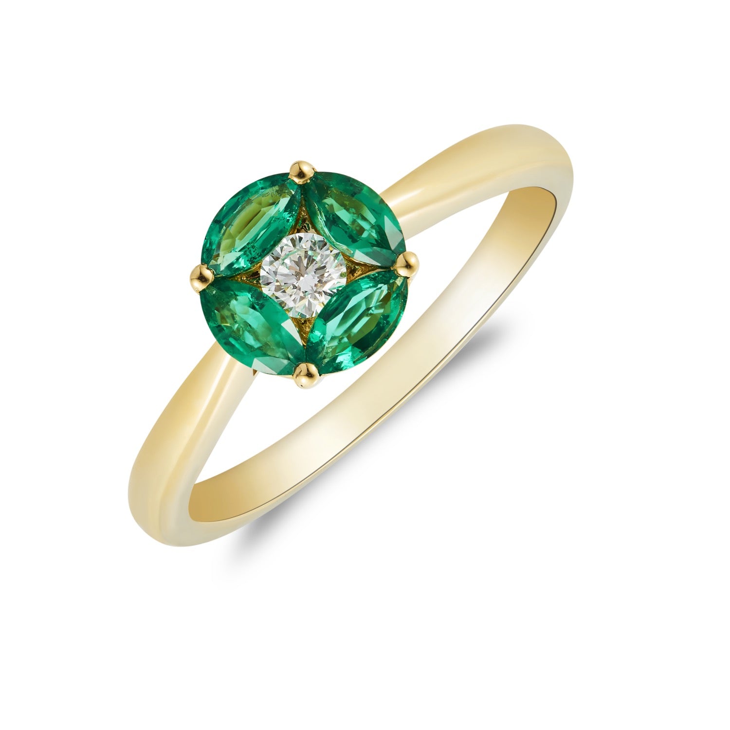 18ct Yellow Gold Marquise Emerald and Round Diamond Cluster Ring Tapered Shank