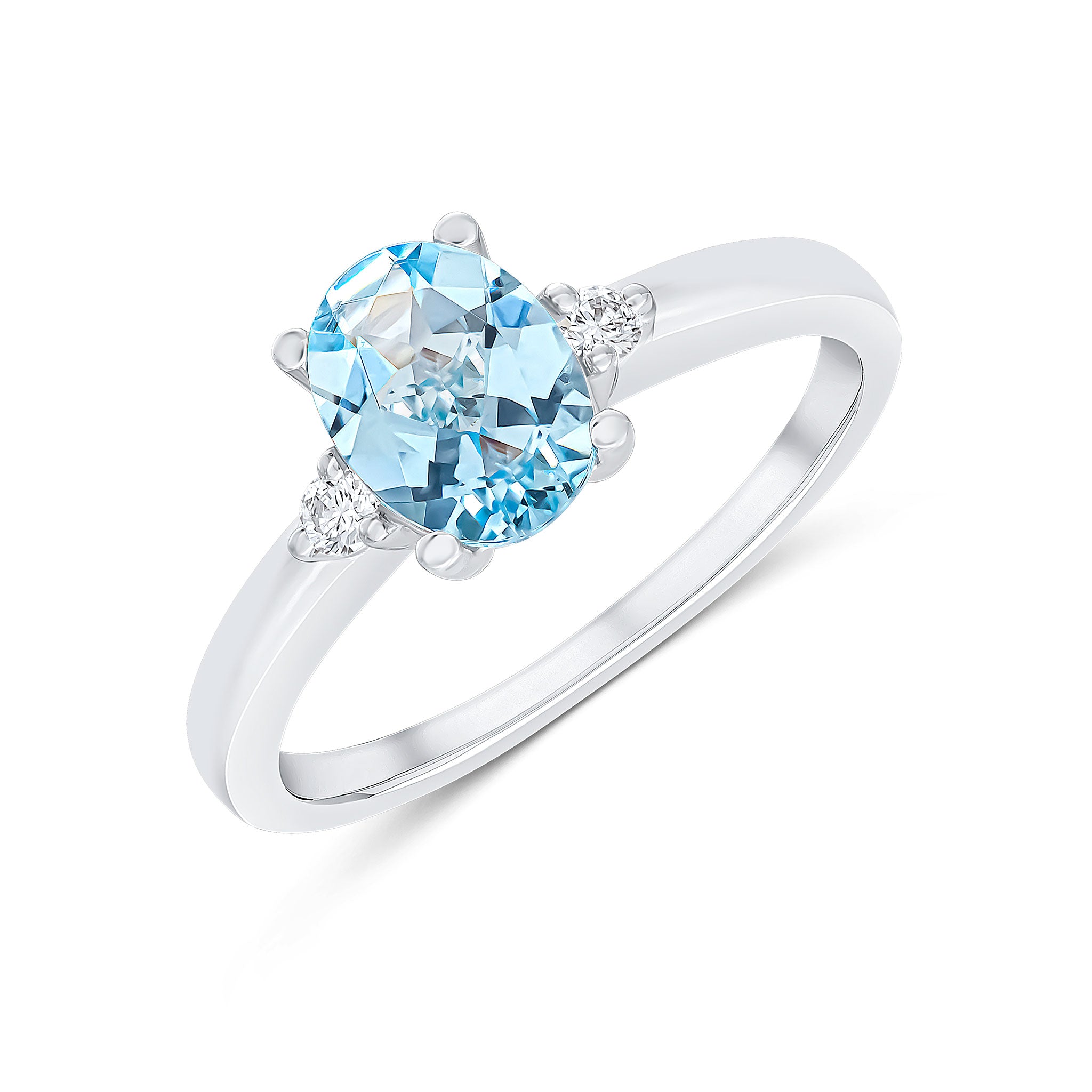 18ct White Gold 8x6 Oval Aquamarine and Diamond Claw Set 3 Stone Ring