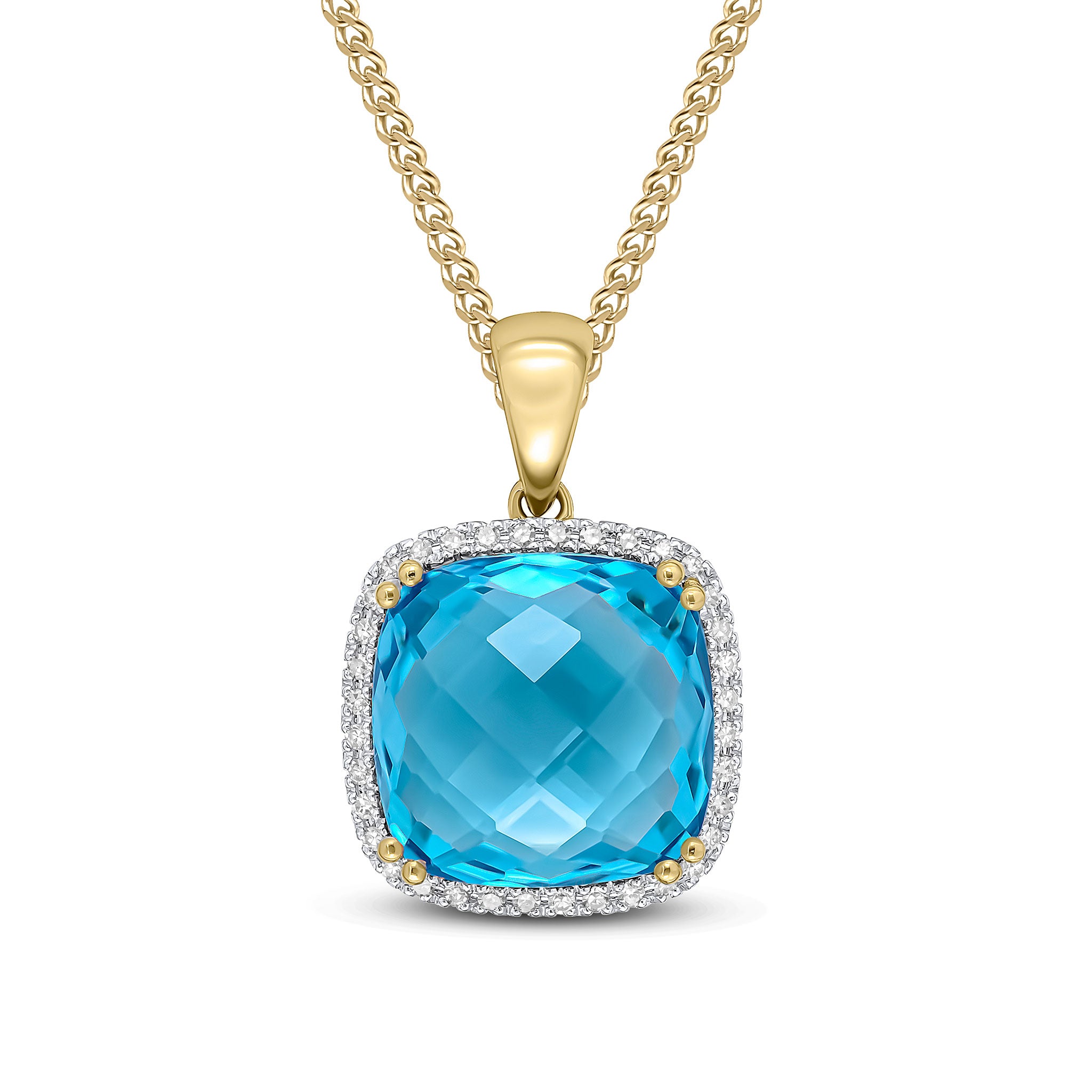 9ct Yellow Gold 12mm Checkerboard Cut Cushion Swiss Blue Topaz & Diamond Cluster Pendant Rhodium to Diamonds