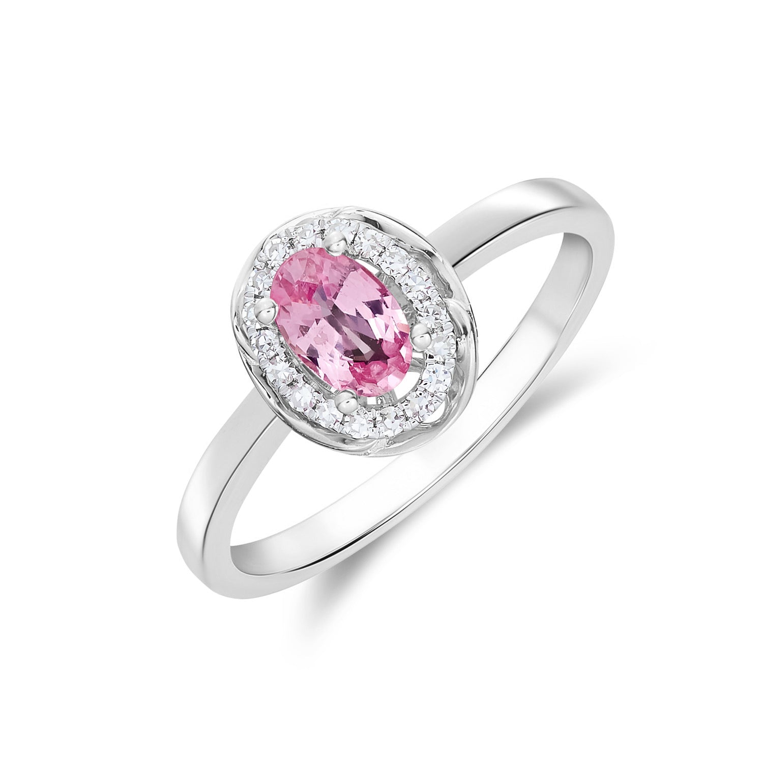9ct White Gold 6x4 Oval Pink Sapphire & Diamond Cluster Ring with Rope Edge