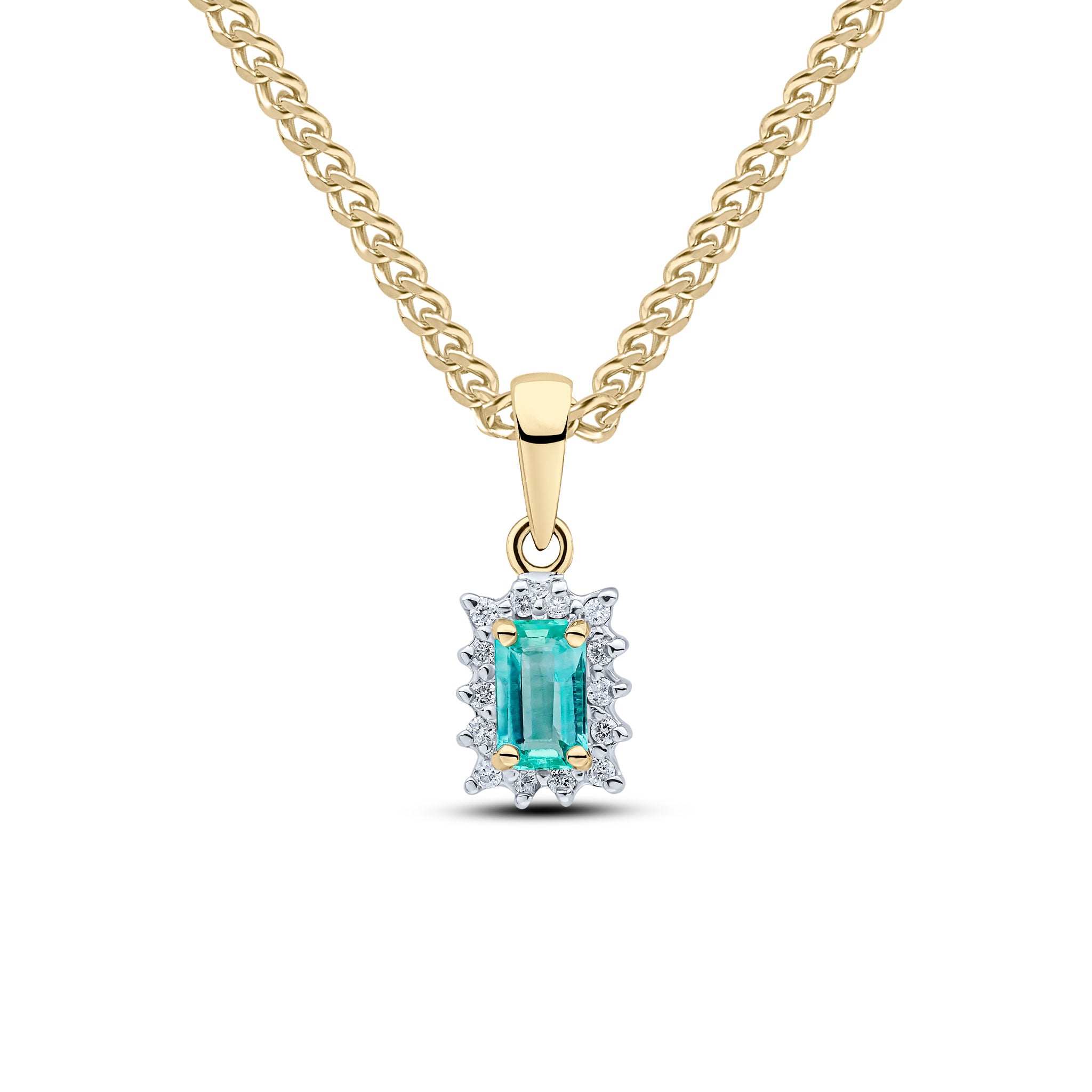 9ct Yellow Gold 5x3 Octagon Emerald & Diamond Claw Set Cluster Pendant Rhodium to Diamonds
