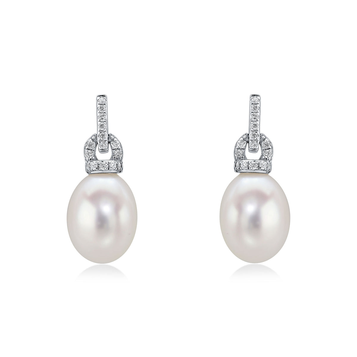 18ct White Gold Freshwater Cultured Pearl and Diamond Bar and Loop Top Drop Earrings