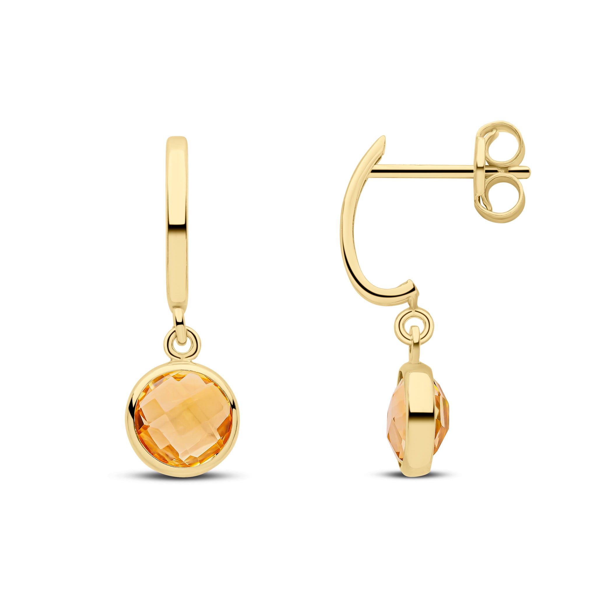 9ct Yellow Gold Curved Bar Top with Checkerboard Cut Round Citrine Spec Set Drop Earring