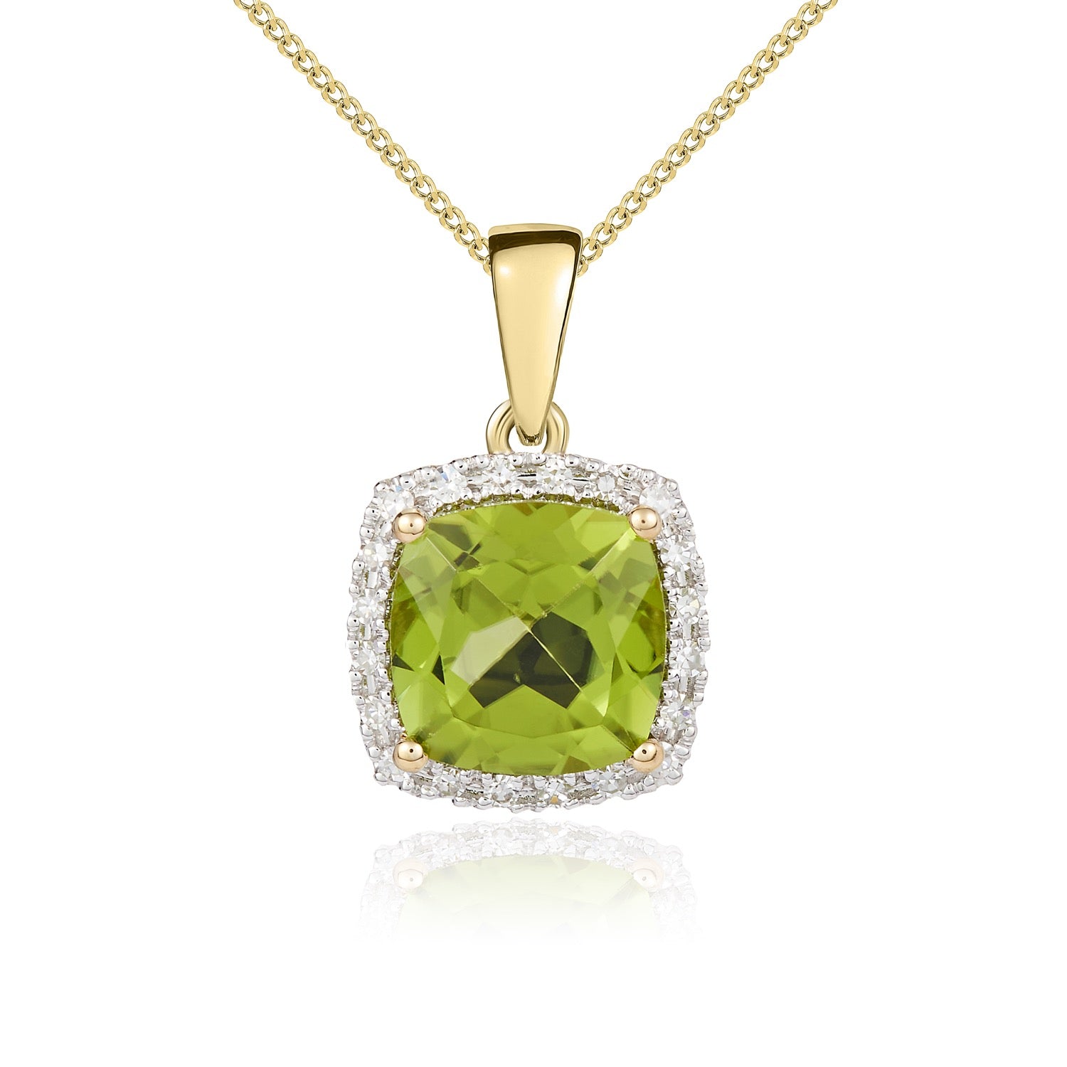 9ct Yellow Gold 8mm Cushion Peridot and Round Diamond Claw Cluster Pendant Rhodium to Diamonds Currently Unavailable Due to Stone Shortage