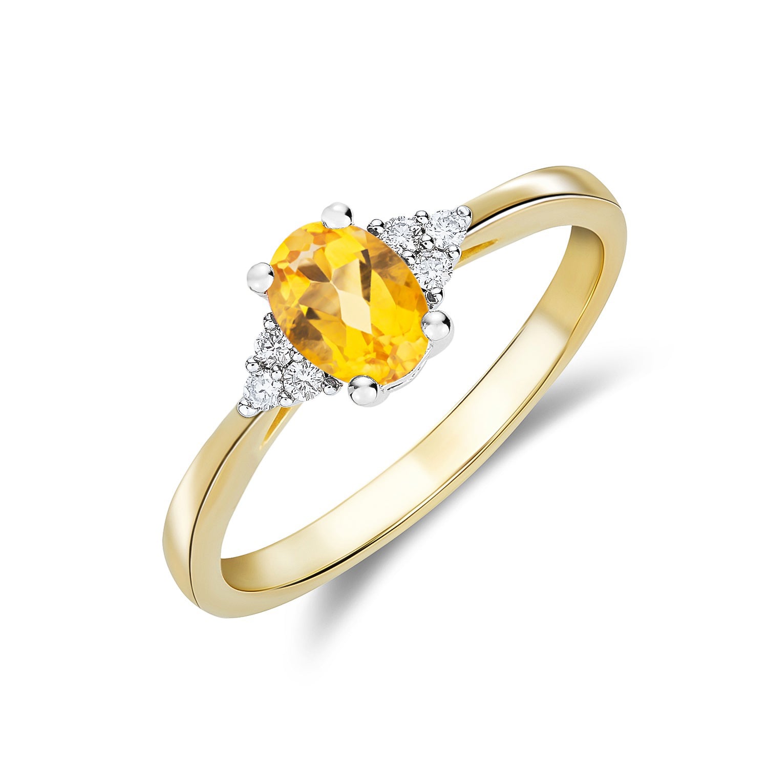 9ct Ywg 7x5 Oval Citrine & Diamond Trefoil Shoulders Ring