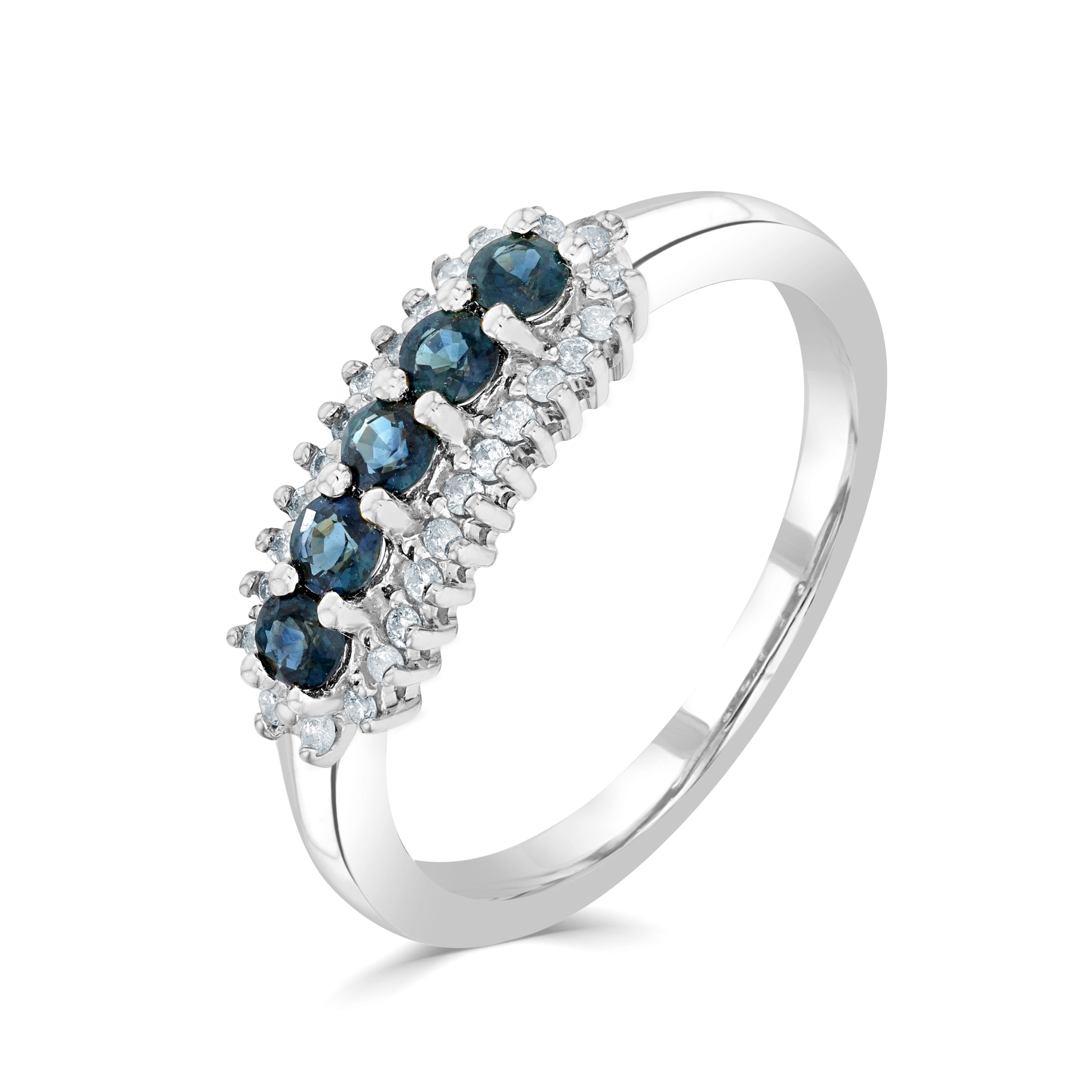 9ct White Gold Round Sapphire and Round Diamond 3 Row Claw Set Band Ring