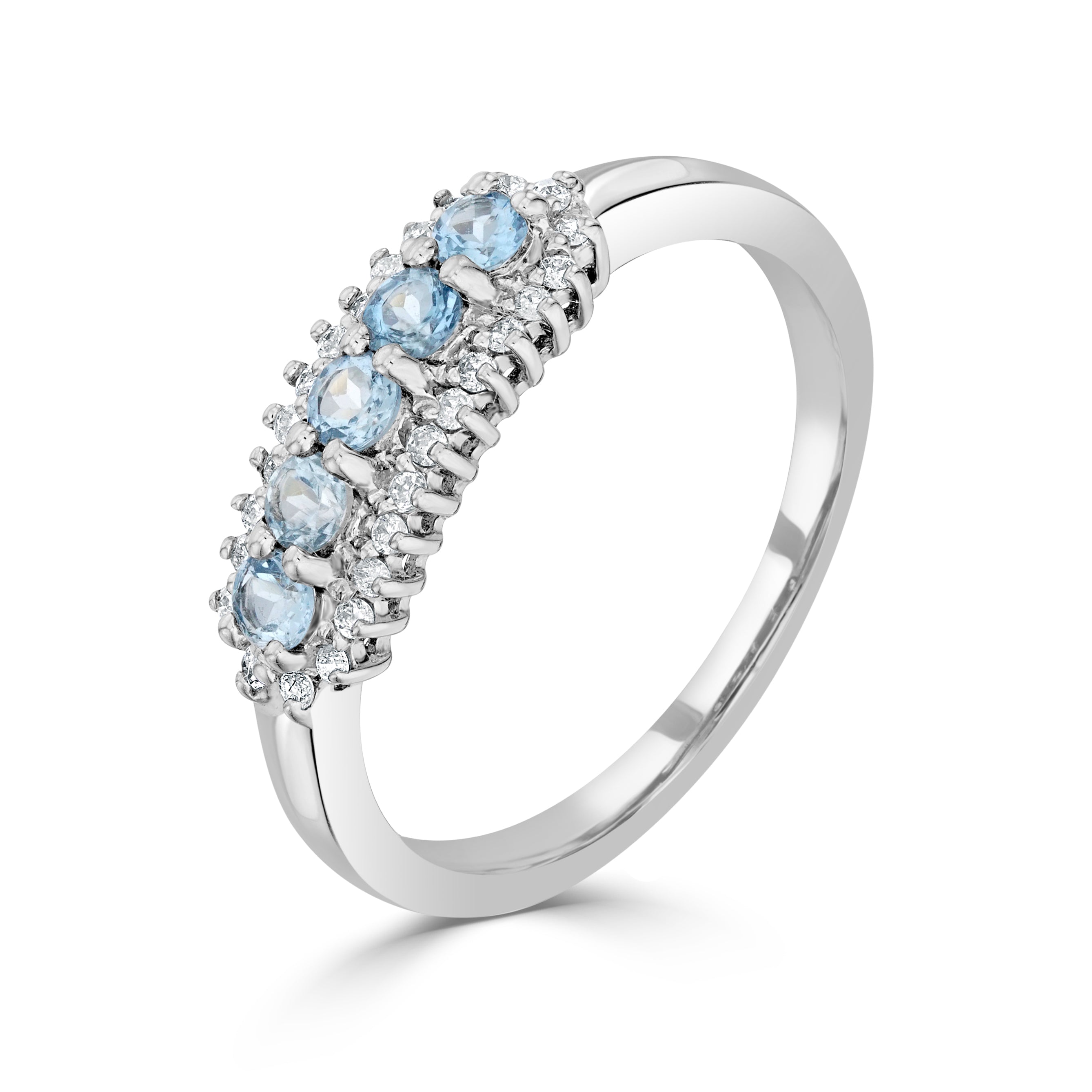 9ct White Gold Round Aquamarine and Round Diamond 3 Row Claw Set Band Ring