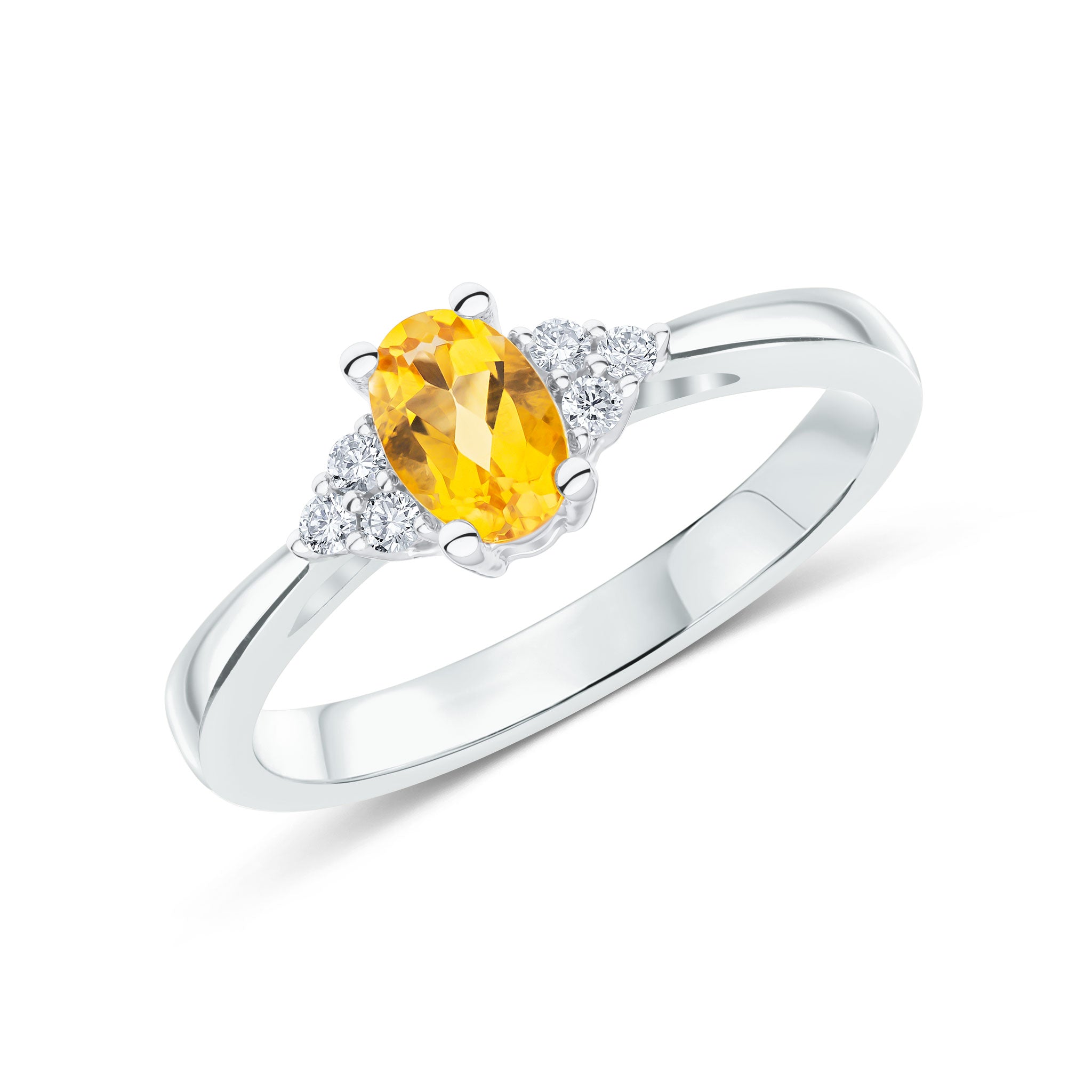 9ct White Gold 6x4 Oval Citrine and Round Diamond Trefoil Shoulders Ring