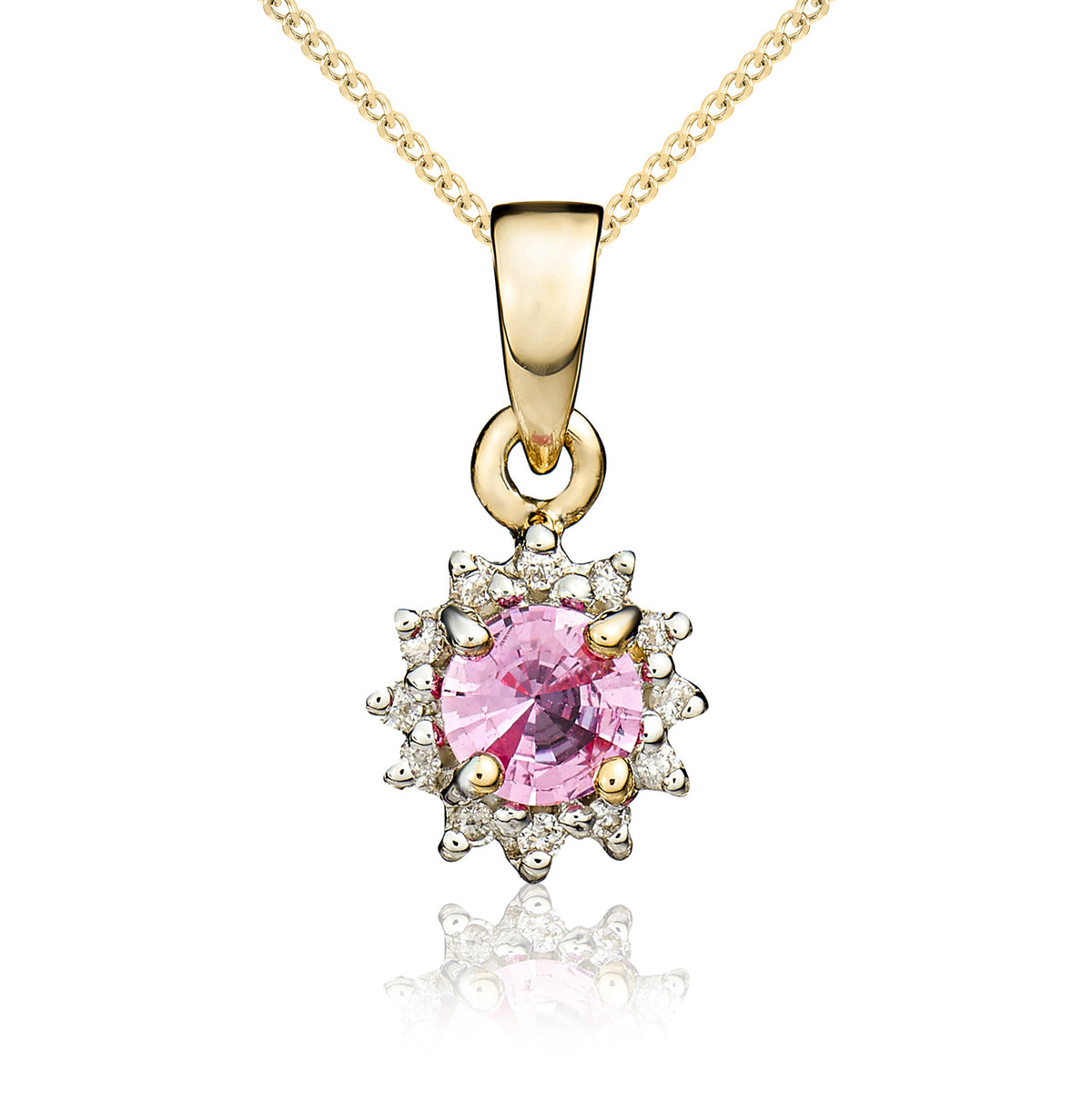 9ct Yellow Gold Round 4mm Pink Sapphire & Diamond Cluster Claw Pendant Stones Unavailable So Cannot Order