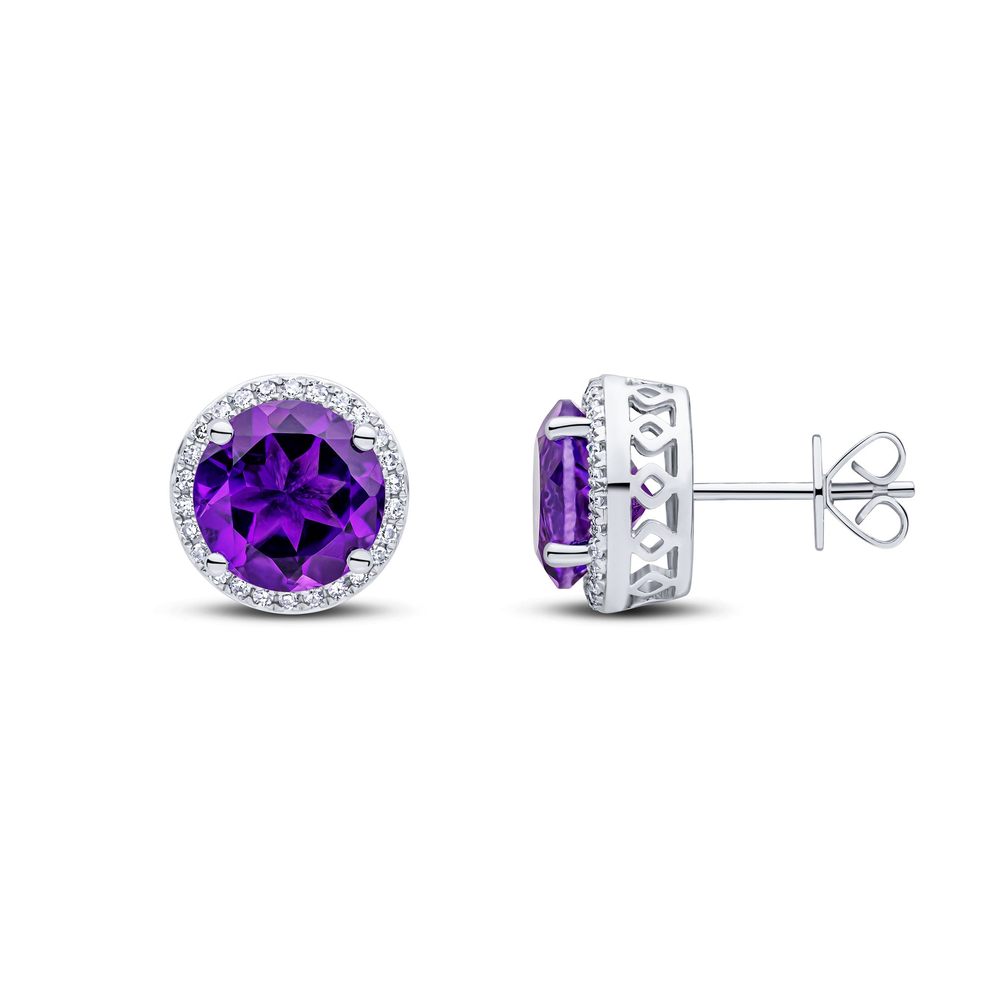 9ct White Gold 8mm Round Amethyst and Diamond Claw Cluster Earrings