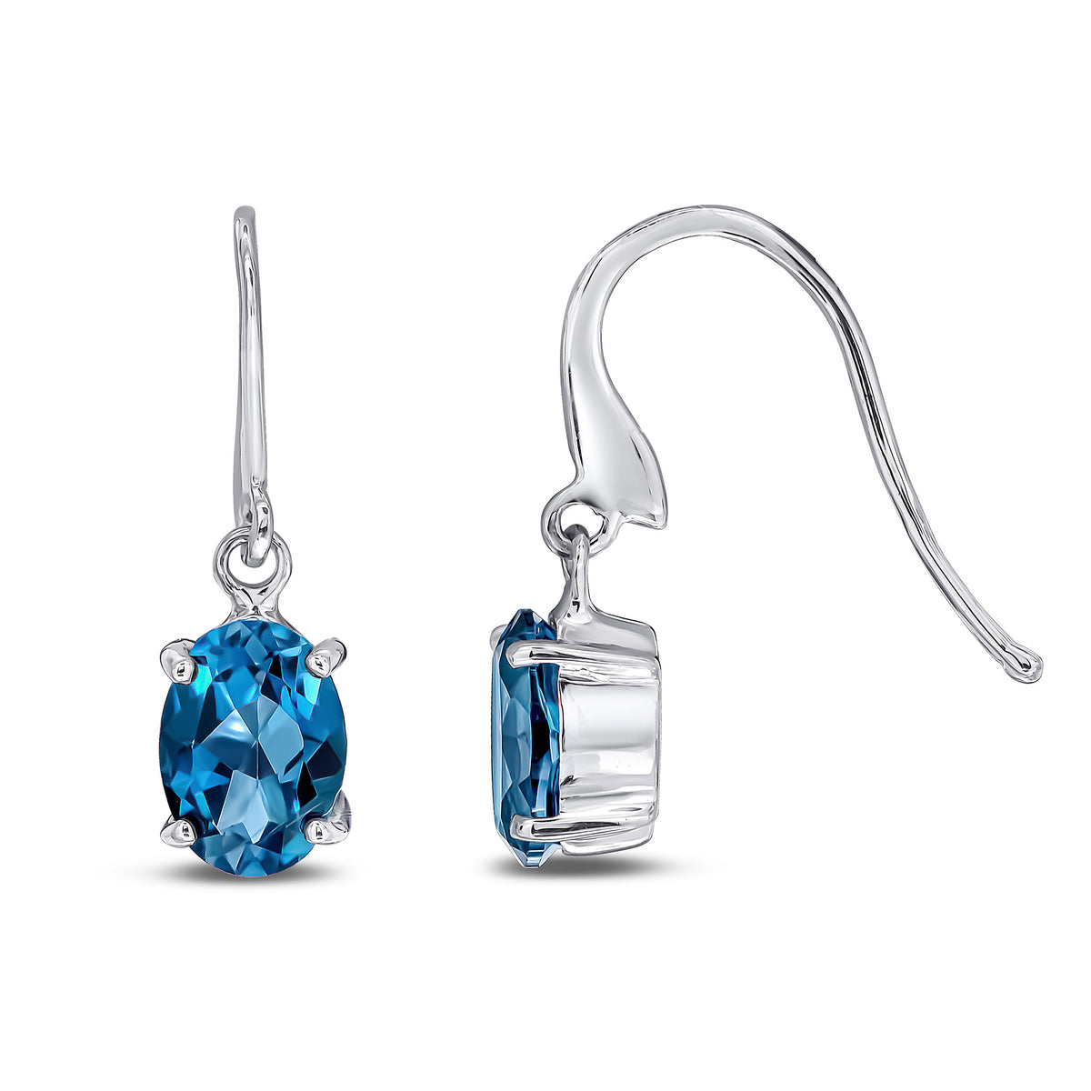 9ct White Gold 7x5 Oval London Blue Topaz Claw Set Drop Earrings with Hook Wire Fitting