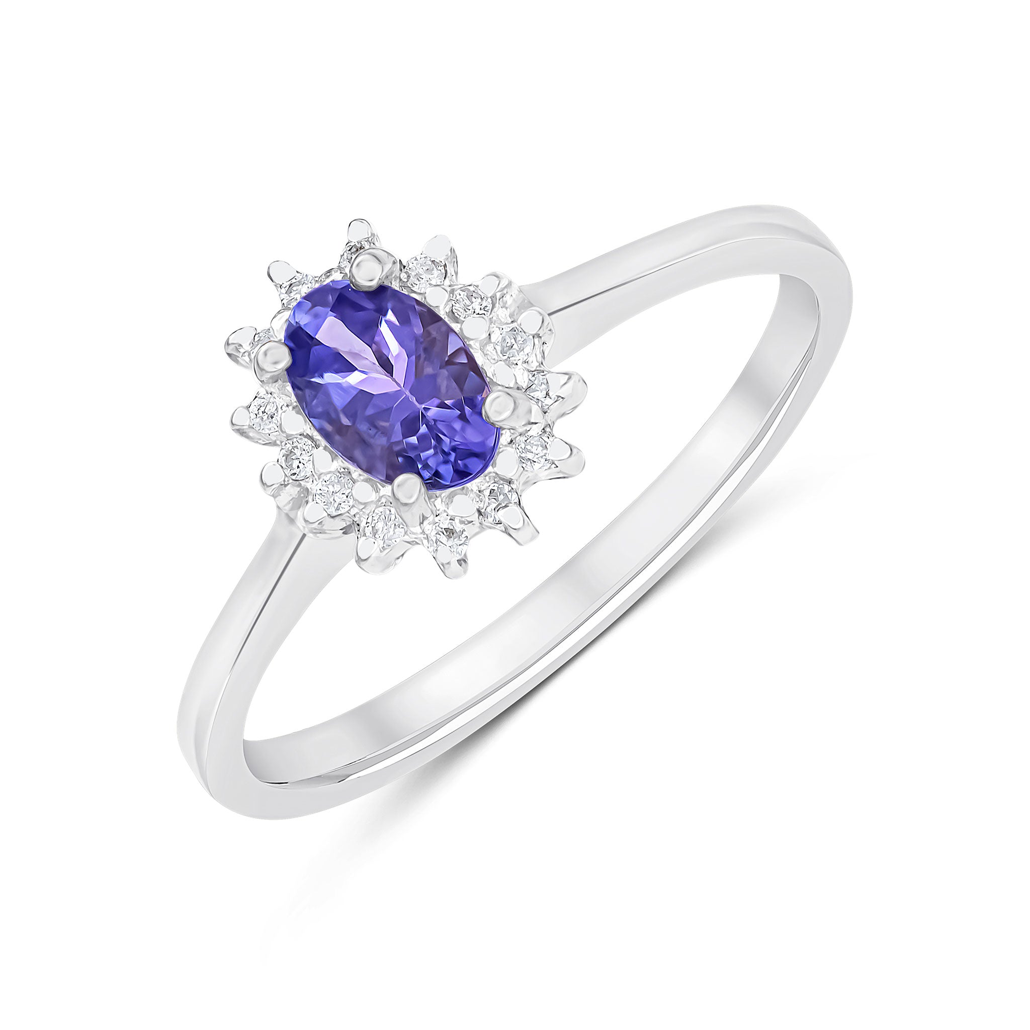 9CT WG 6X4 OVAL TANZANITE & DIAMOND CLAW SET CLUSTER RING 1