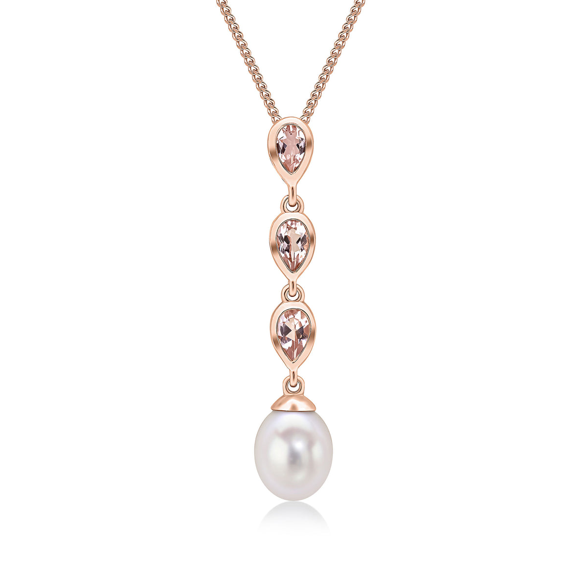 9ct Rose Gold Pearl & Triple Pear Shape Morganite Drop Pendant