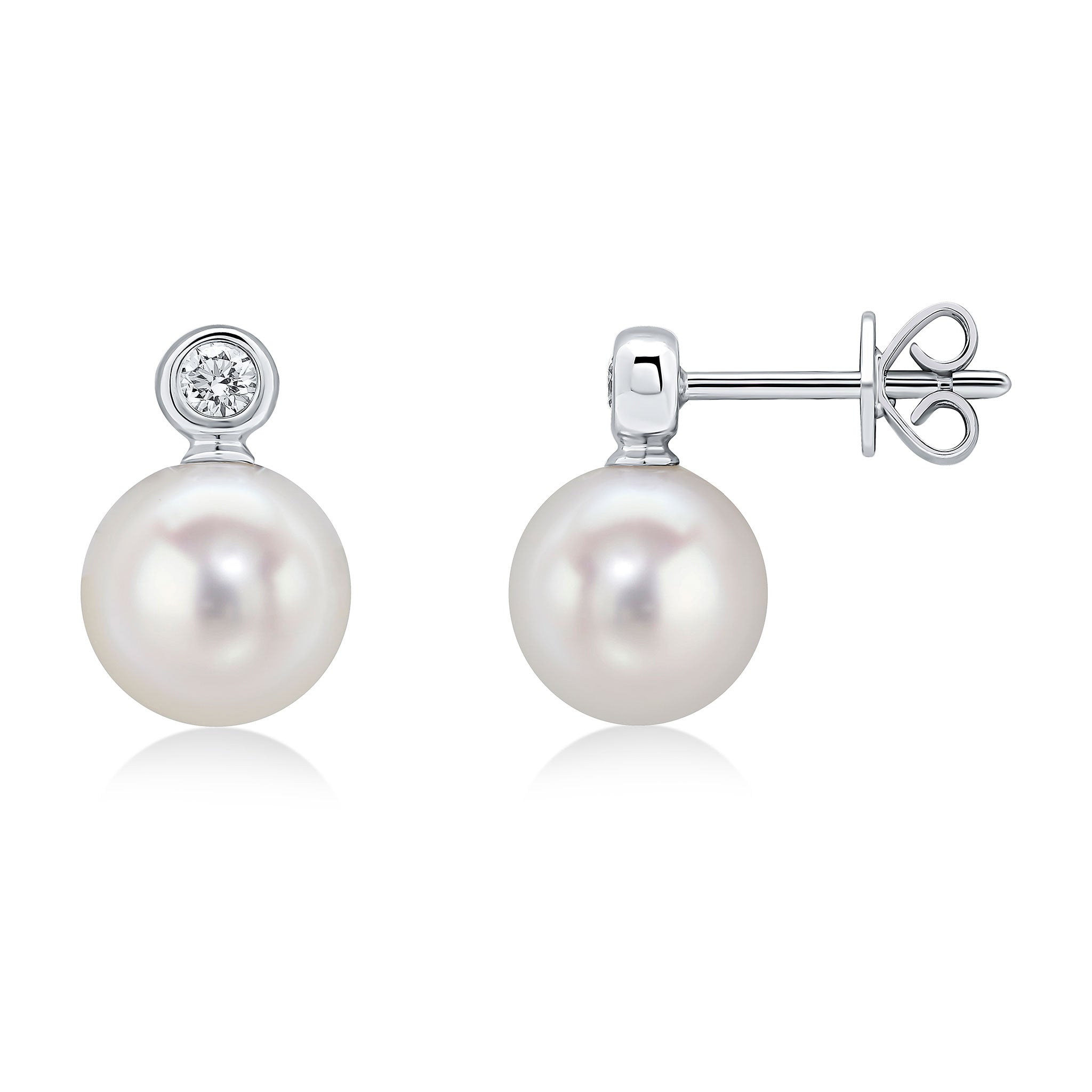 18ct White Gold Round Rubover Diamond & Cultured Freshwater Pearl 2 Stone Earrings