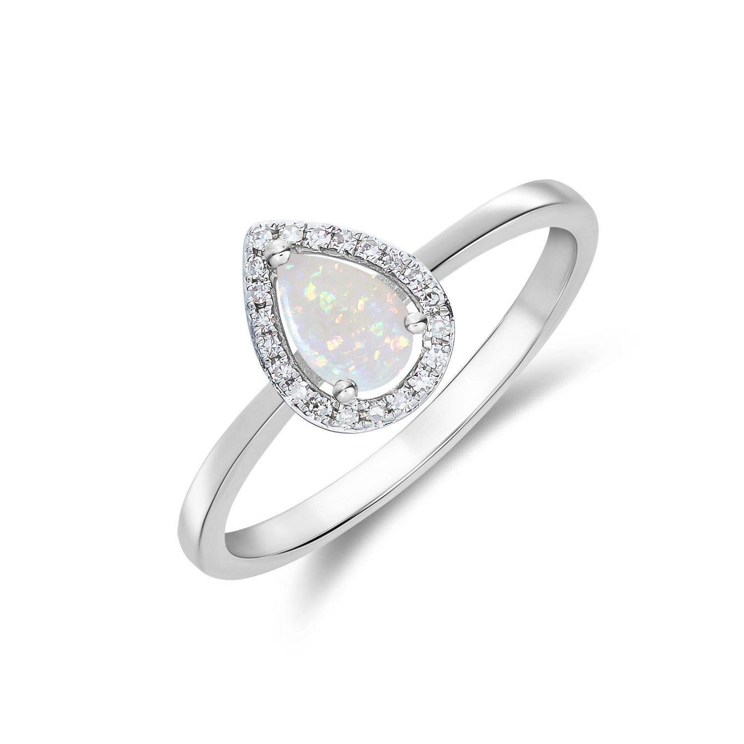 9ct White Gold 6x4 Pear Shape Opal & Diamond Halo Claw Cluster Ring