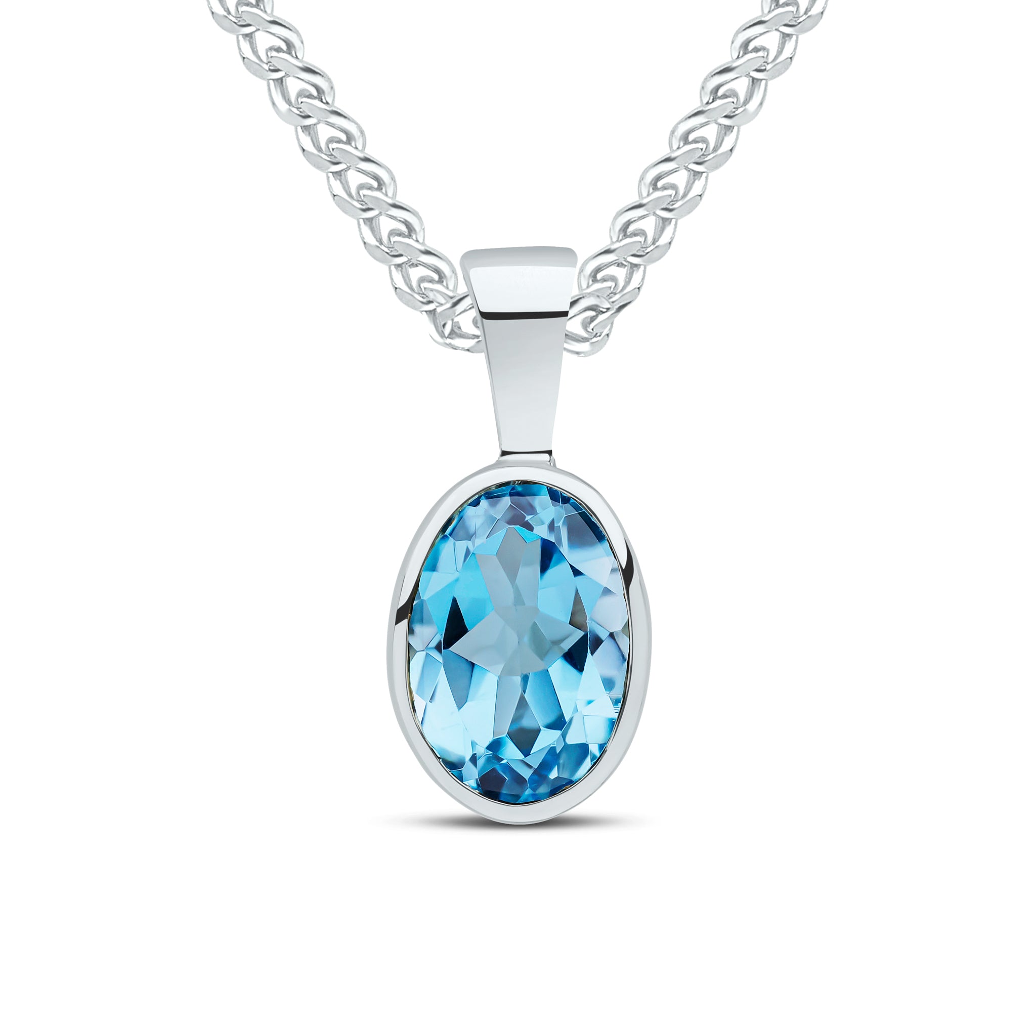 9ct White Gold 7x5 Oval Swiss Blue Topaz Rubover Pendant