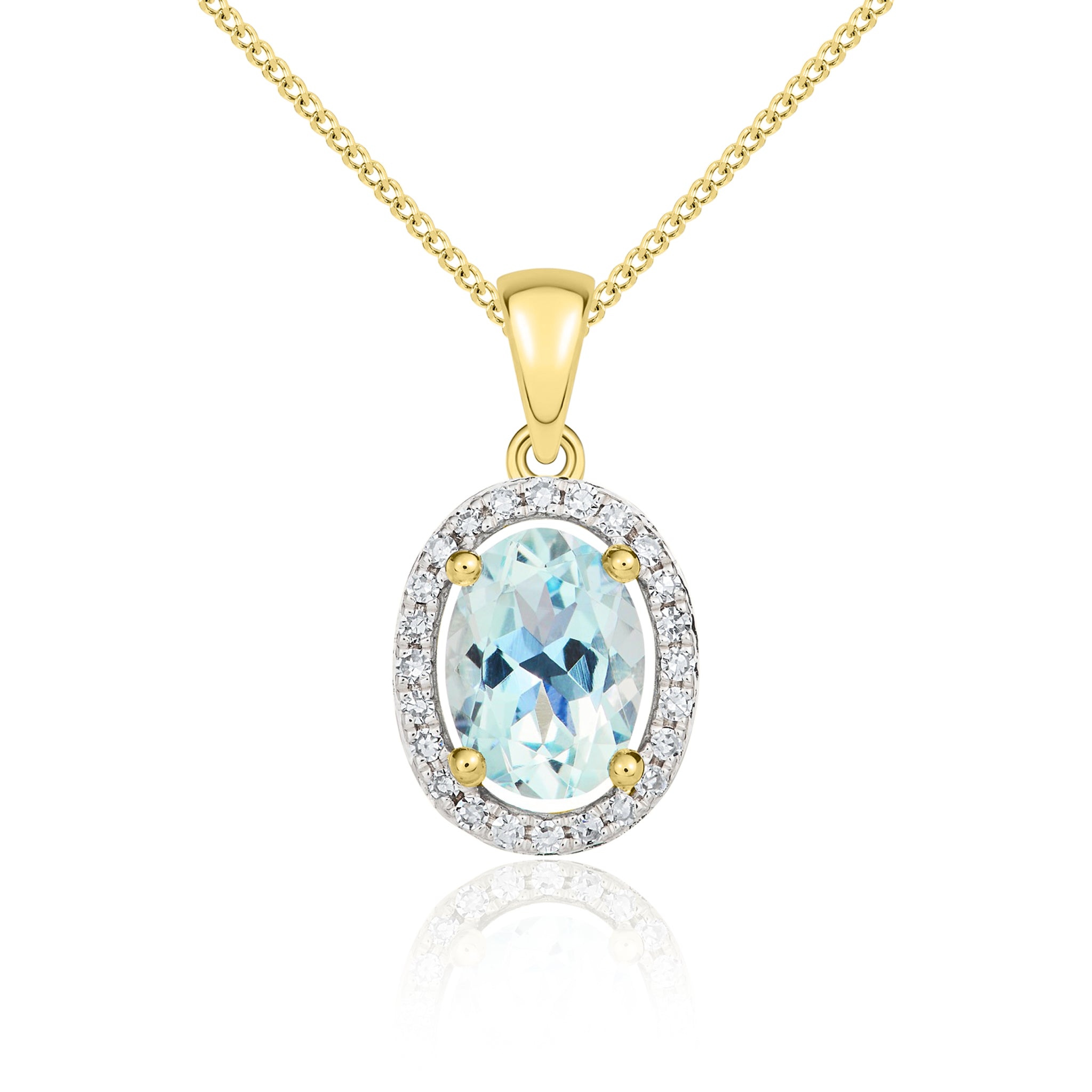 9ct Yellow Gold 7x5mm Oval Aquamarine and Diamond Halo Cluster Pendant Rhodium to Diamonds