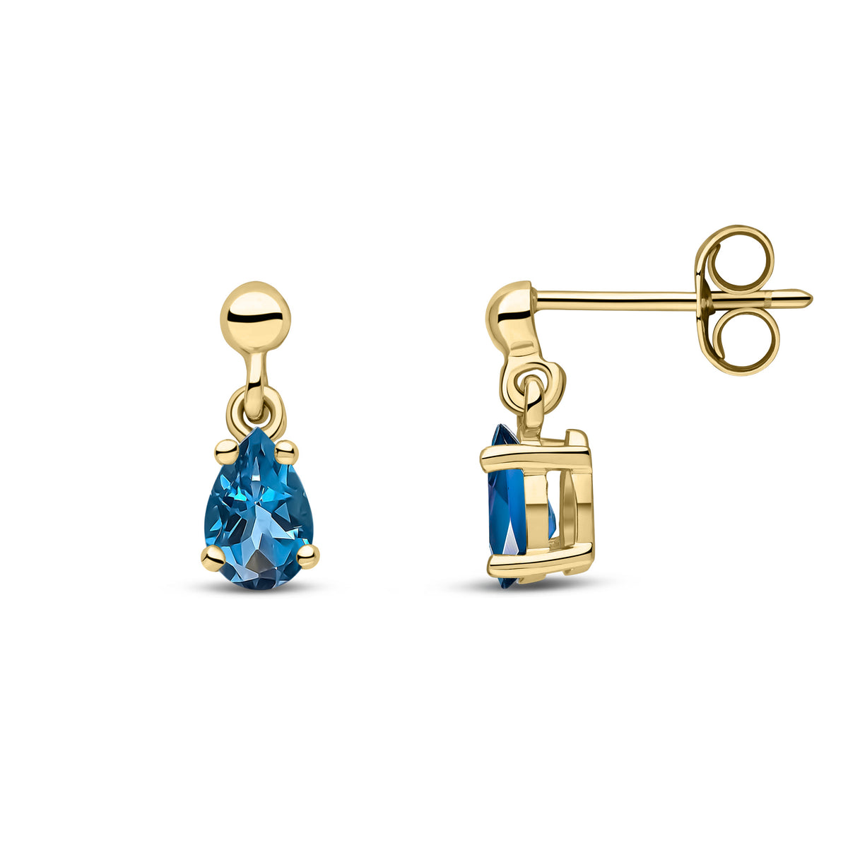 9ct Yellow Gold 6x4 Pear Shape London Blue Topaz Claw Set Drop Earrings with Bead Stud Top