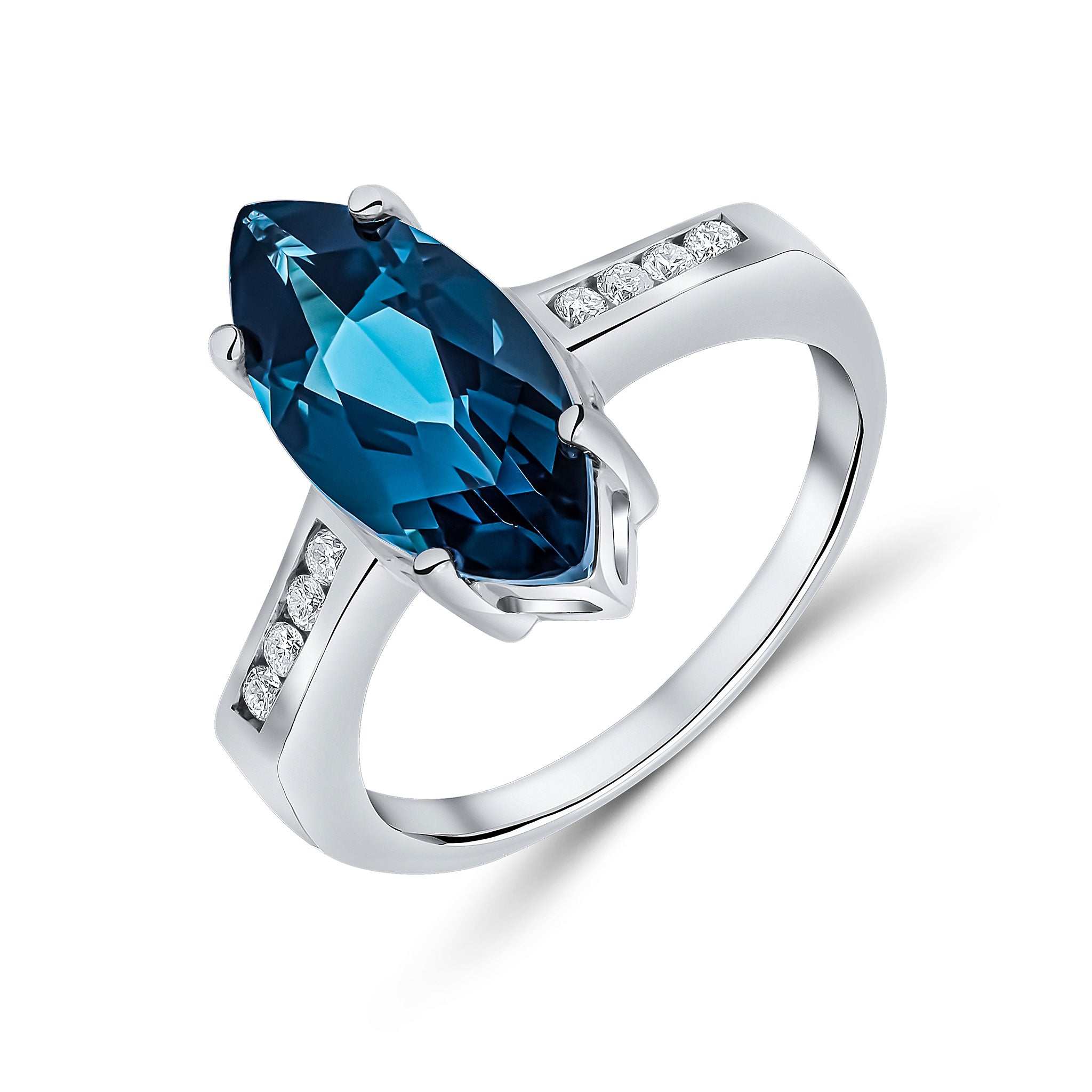 9ct White Gold 15x7 Marquise London Blue Topaz Single Stone Ring with Channel Set Diamond Shoulders