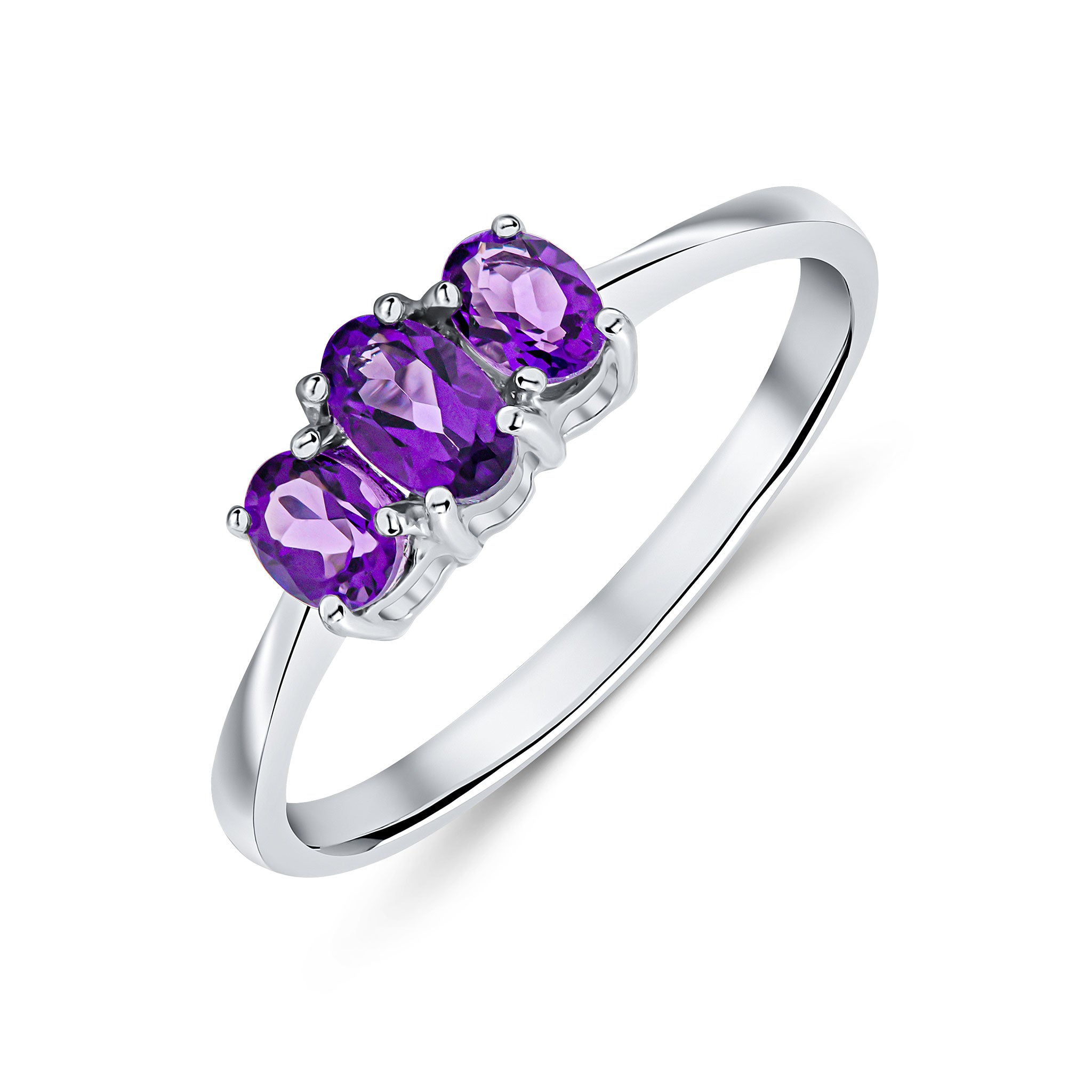 9ct White Gold Oval Amethyst 3 Stone Claw Set Ring