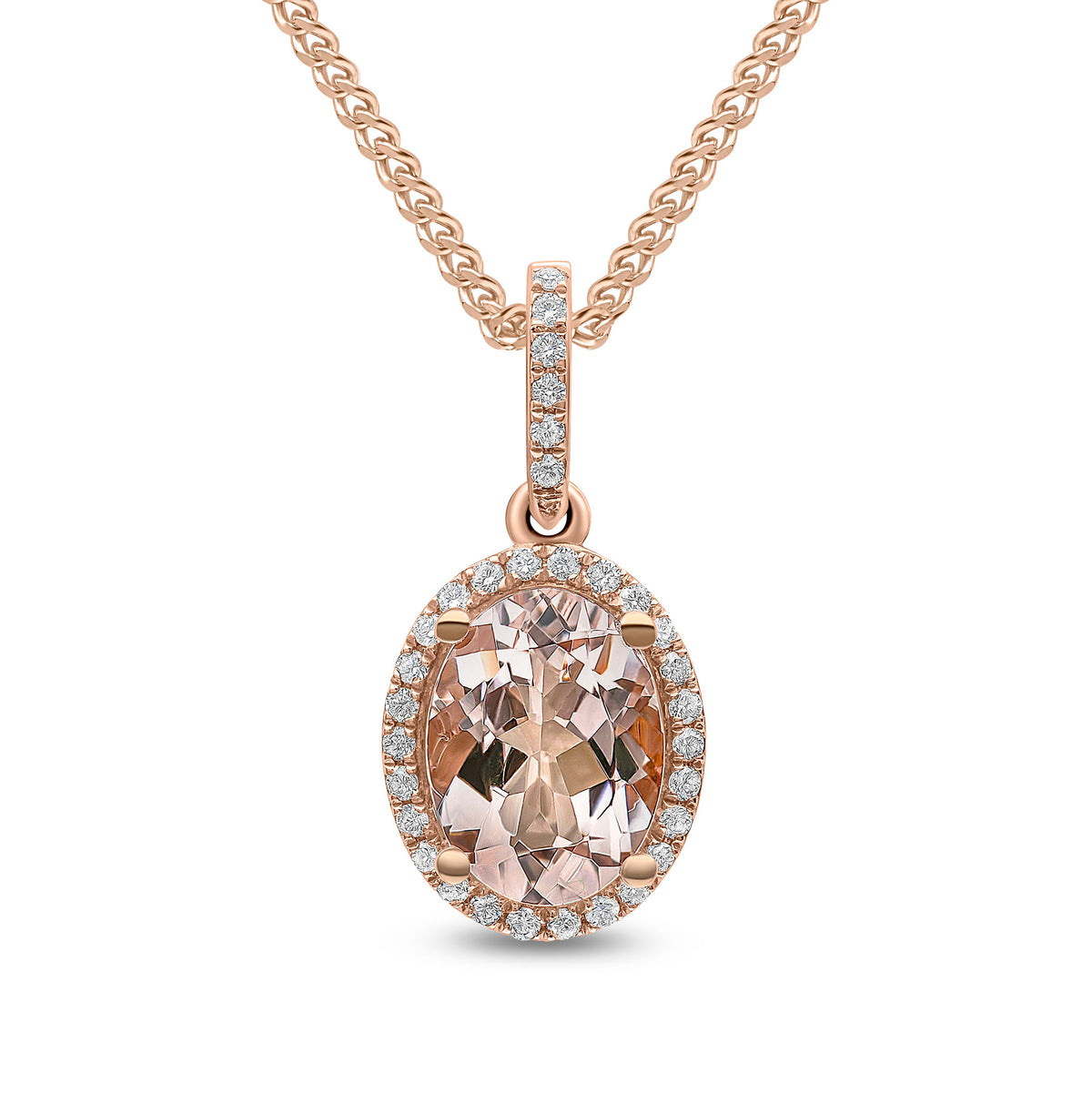 18ct Rose Gold 8x6 Oval Morganite & Diamond Halo Cluster Pendant with Diamond Set Loop