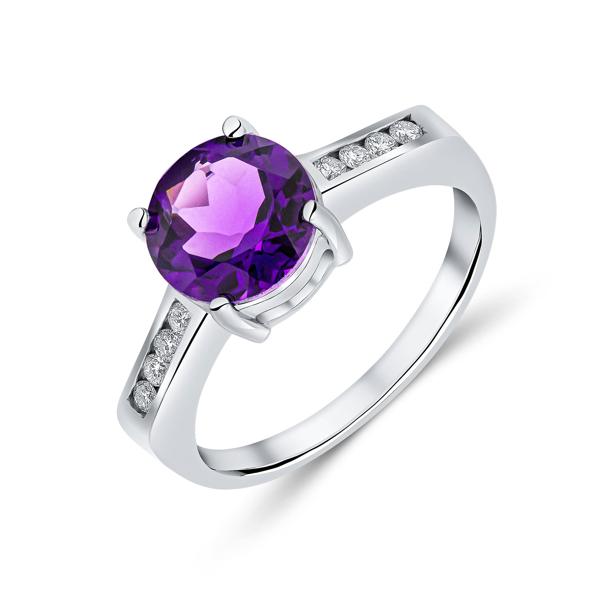 9ct White Gold Claw Set 8mm Round Amethyst Single Stone Ring with Channel Set Diamond Shoulders