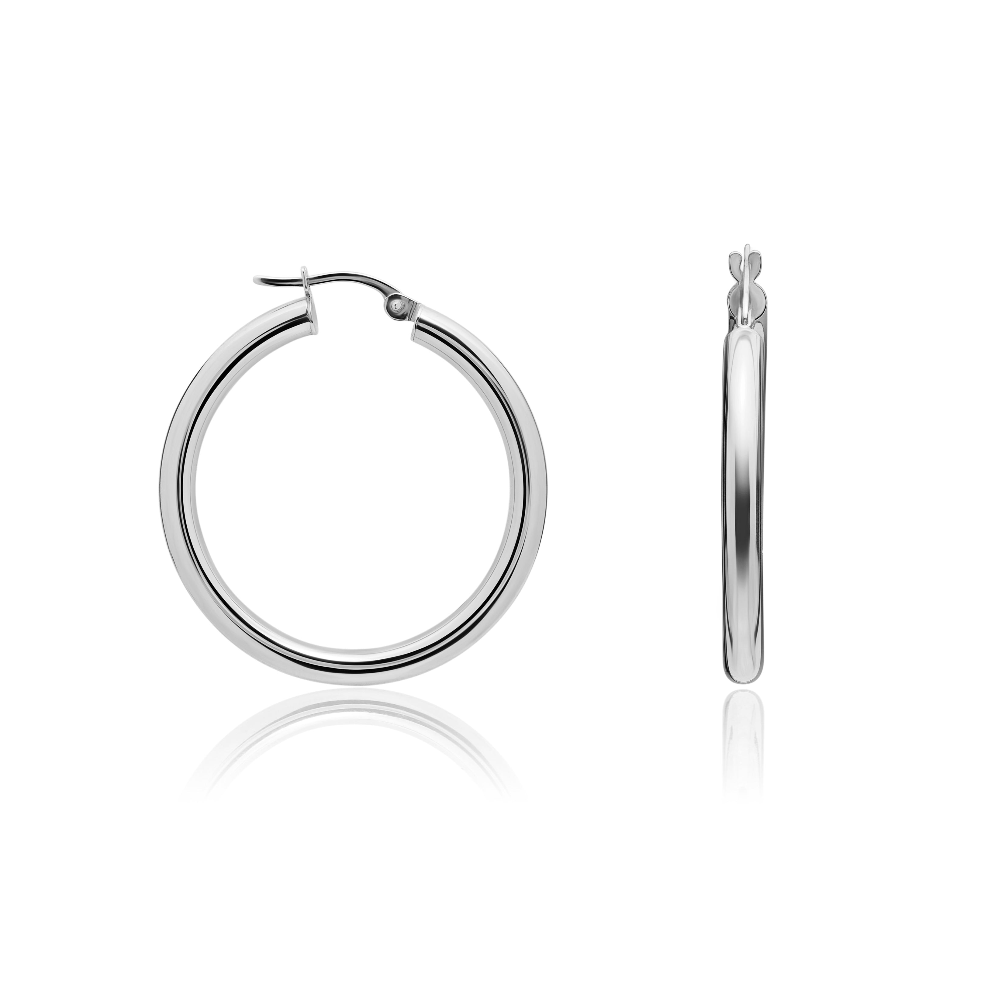 9ct White Gold 3mm Tube Polished Hoop Earrings - 26mm Diameter