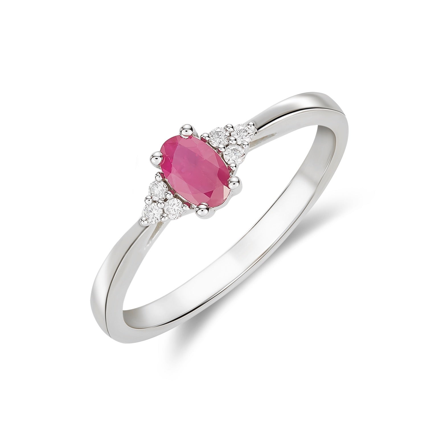 9CT WG 6X4 OVAL RUBY & ROUND DIAMOND TREFOIL SHOULDERS CLAW SET RING 1