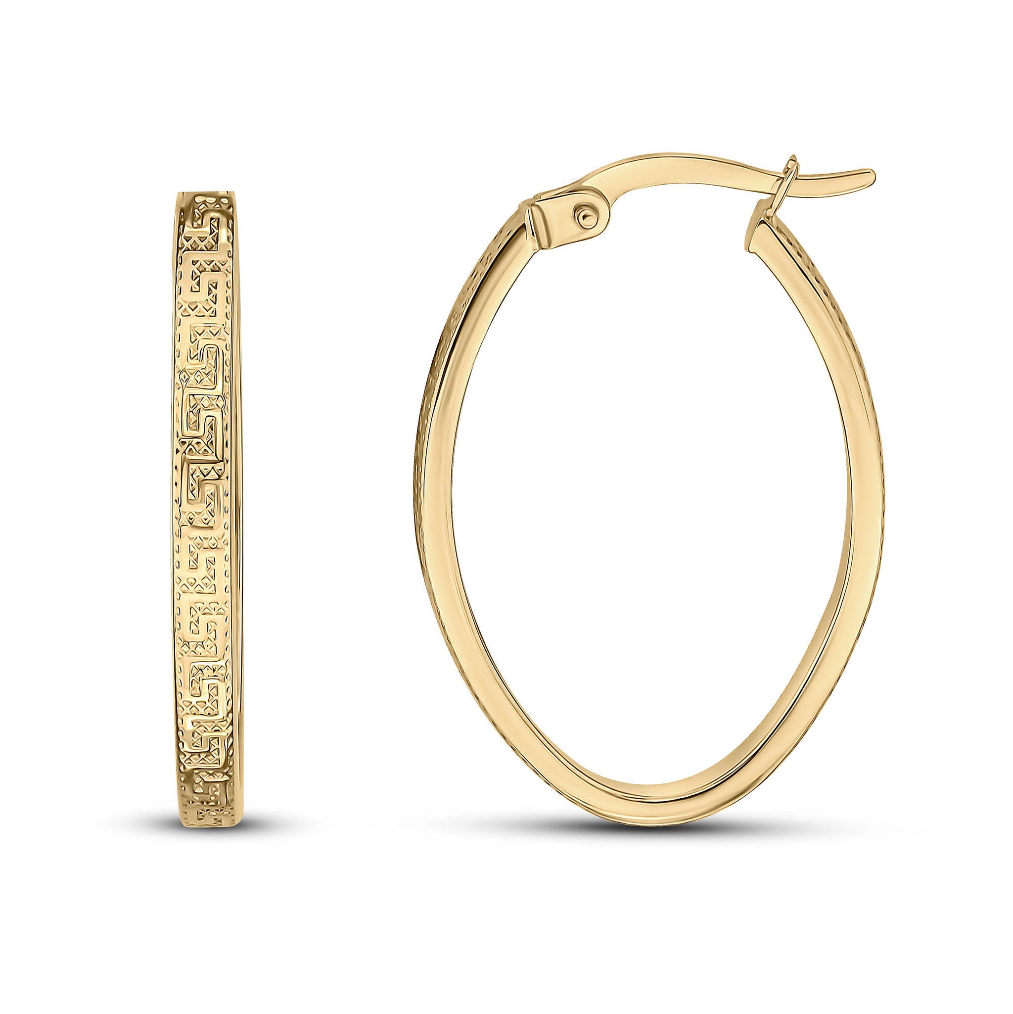 9ct Yellow Gold Oval Greek Key Hoop Earrings