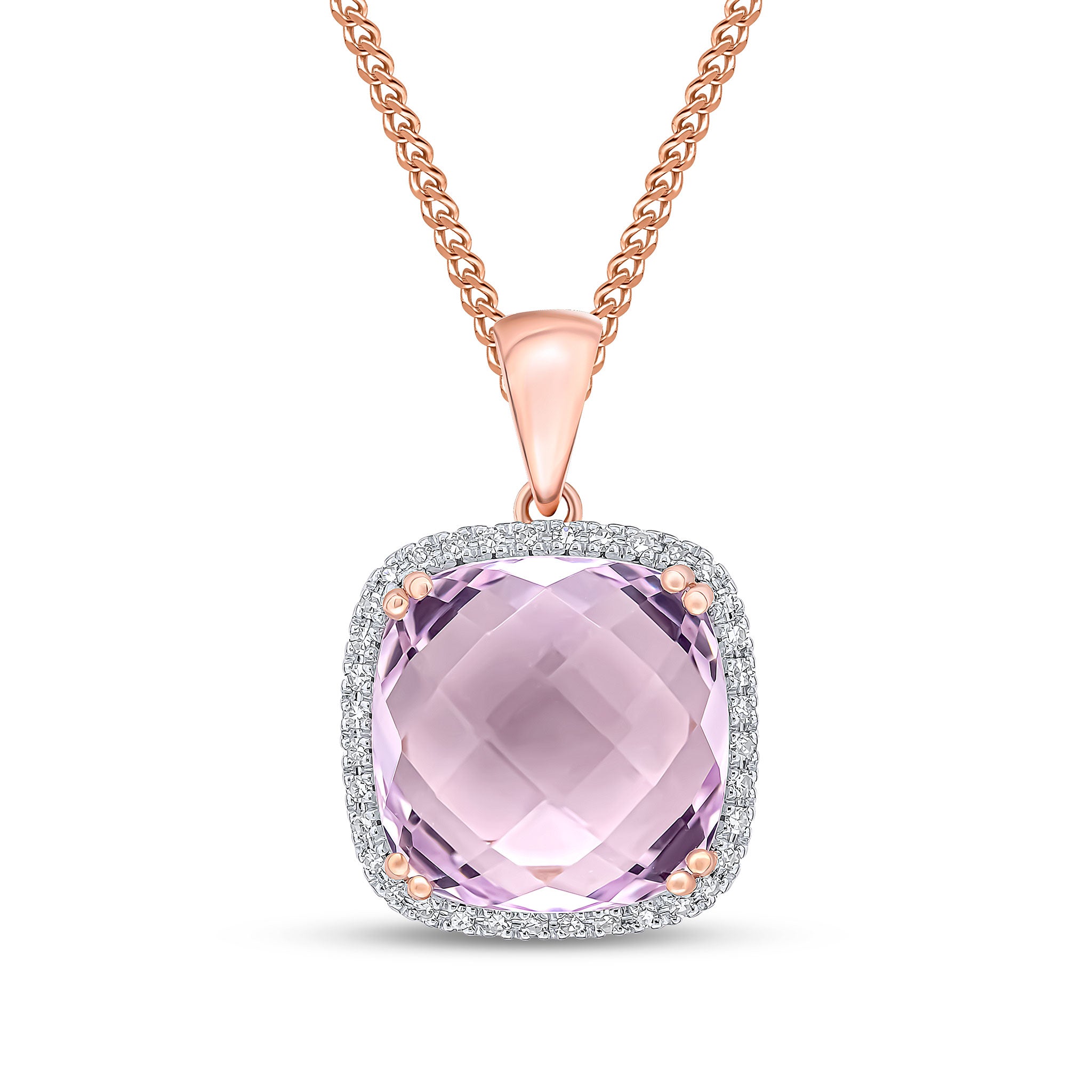 9ct rose gold 12mm Checkerboaround Cut Cushion Pink Amethyst & diamond cluster