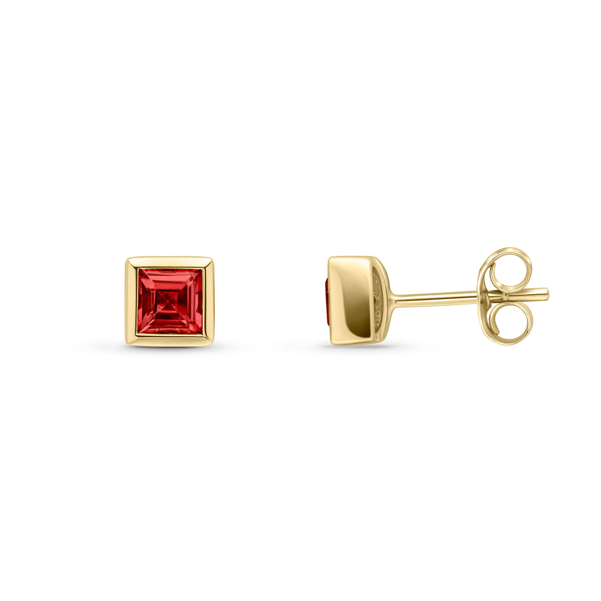 9ct Yellow Gold 4mm Square Garnet Rubover Set Earrings