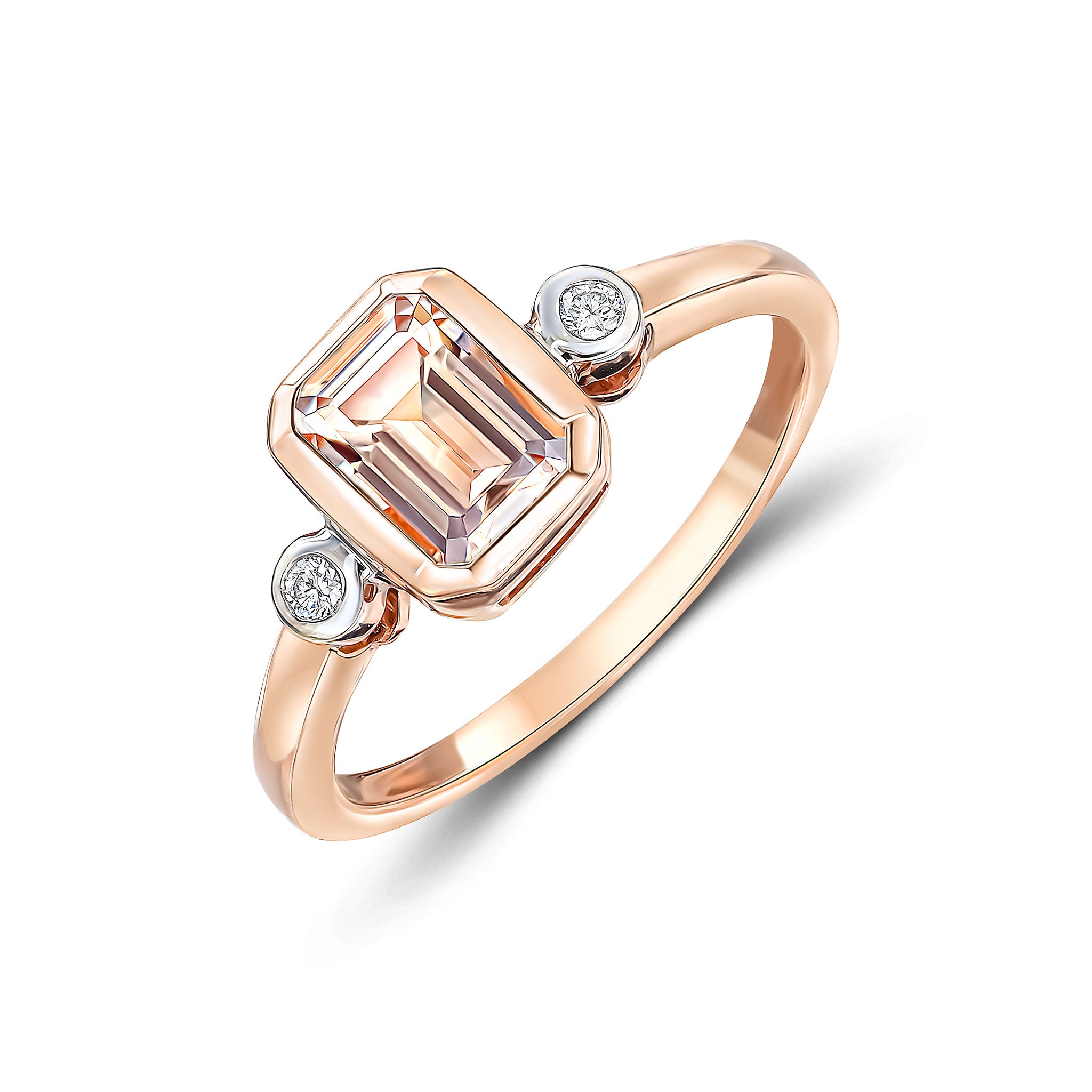 9CT RG 7X5 OCTAGON MORGANITE AND ROUND DIAMOND 3ST RUBOVER RING. RHODIUM TO DIAMONDS 1