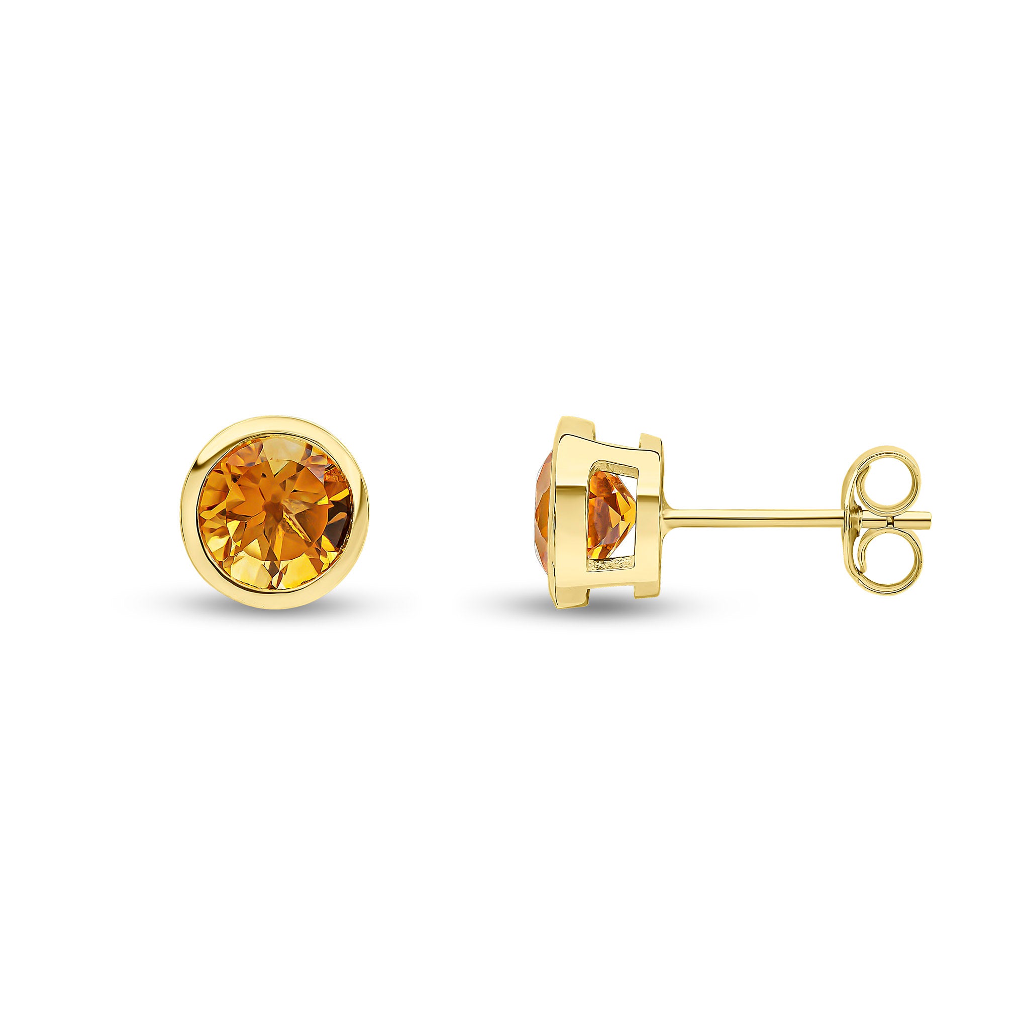 9ct Yellow Gold 6mm Round Citrine Rubover Earrings
