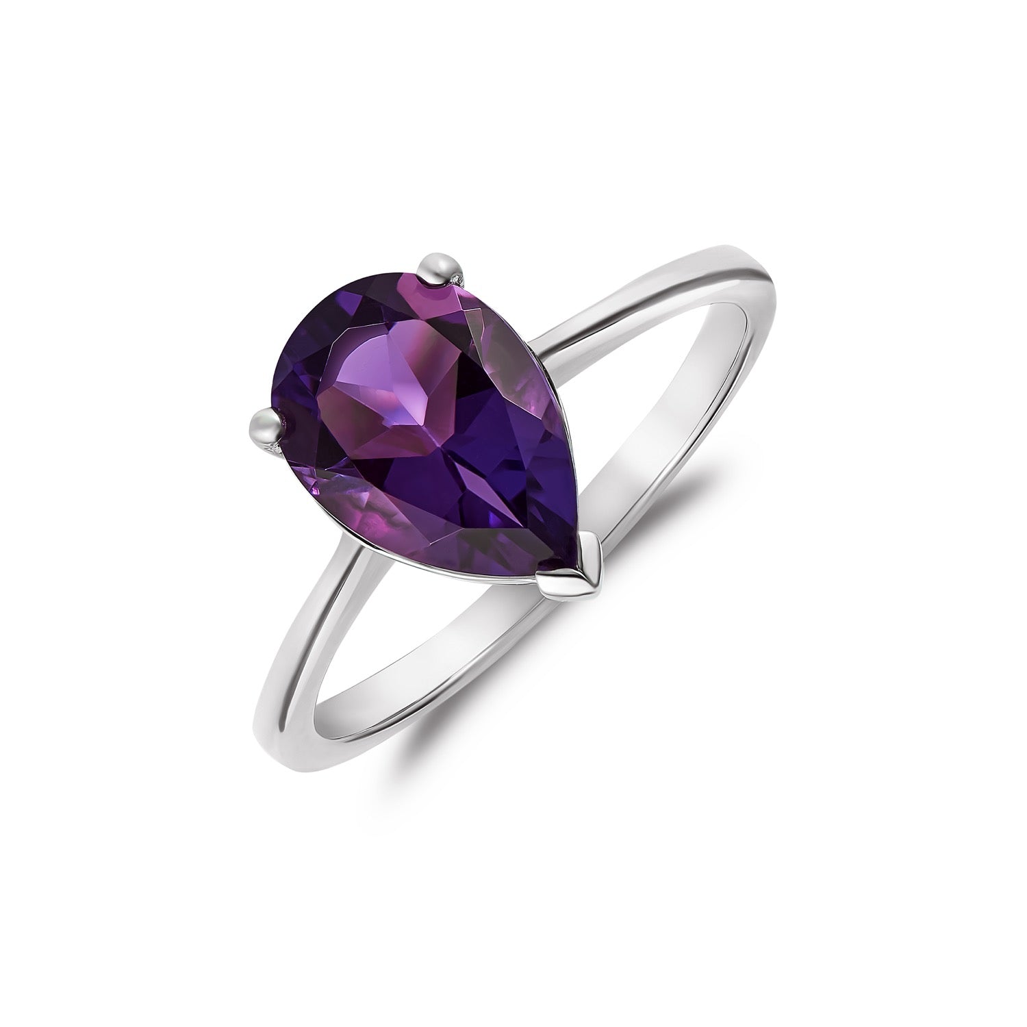 9ct White Gold 10x7mm Pear Shape Amethyst Claw Single Stone Ring
