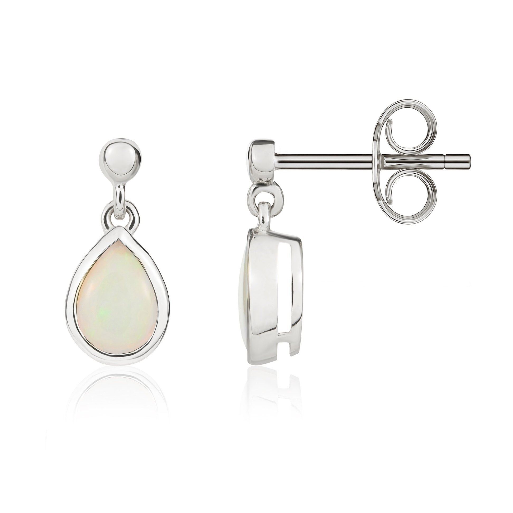 9ct White Gold 6x4mm Pear Opal Rubover Drop Earrings with 2.5mm Bead Top