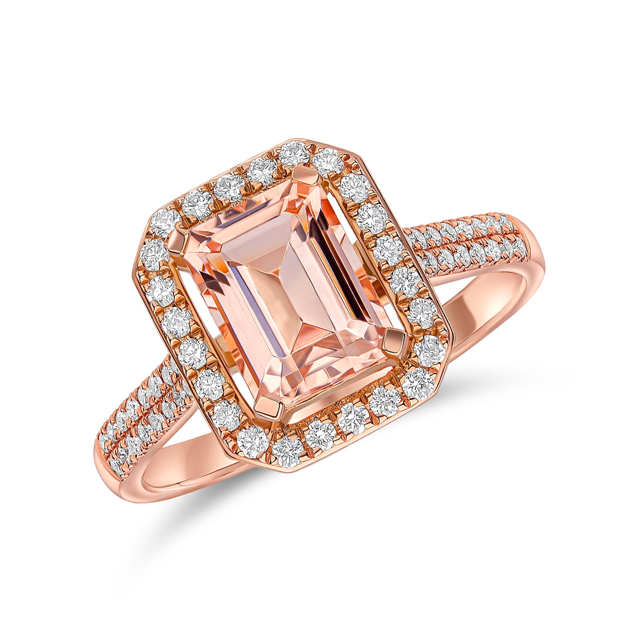18ct Rose Gold Octagon Morganite & Diamond Claw Set Cluster Ring with Diamond Set Shoulders