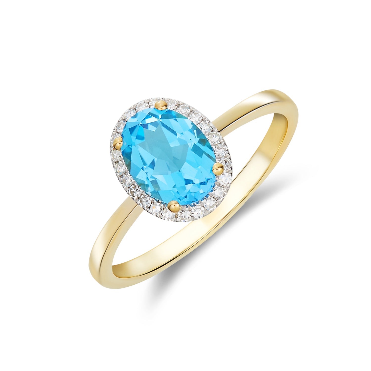 9ct Yellow Gold 8x6 Oval Swiss Blue Topaz and Diamond Claw Set Cluster Ring Rhodium to Diamonds