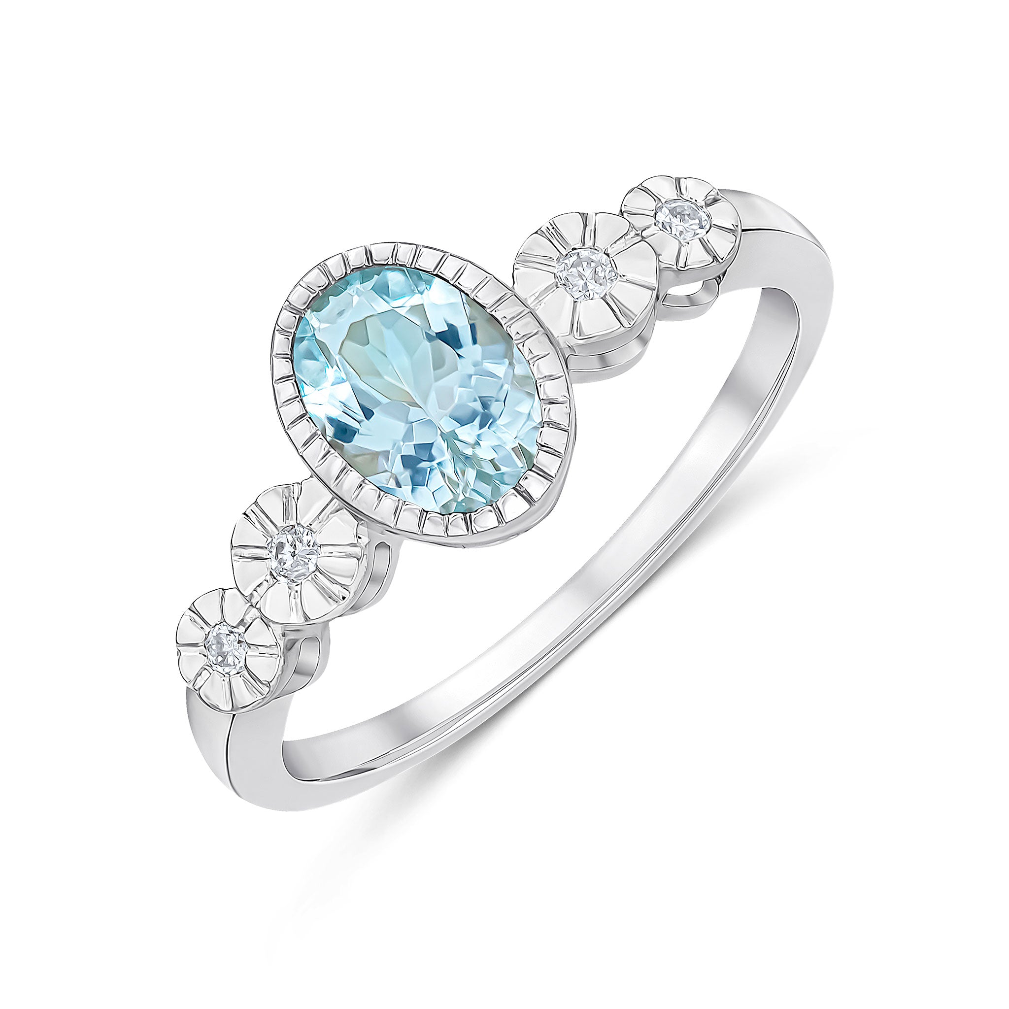 9CT WHITE GOLD MILLEGRAIN OVAL AQUA AND ILLUSION DIAMOND 4ST SHOULDERS RING 1