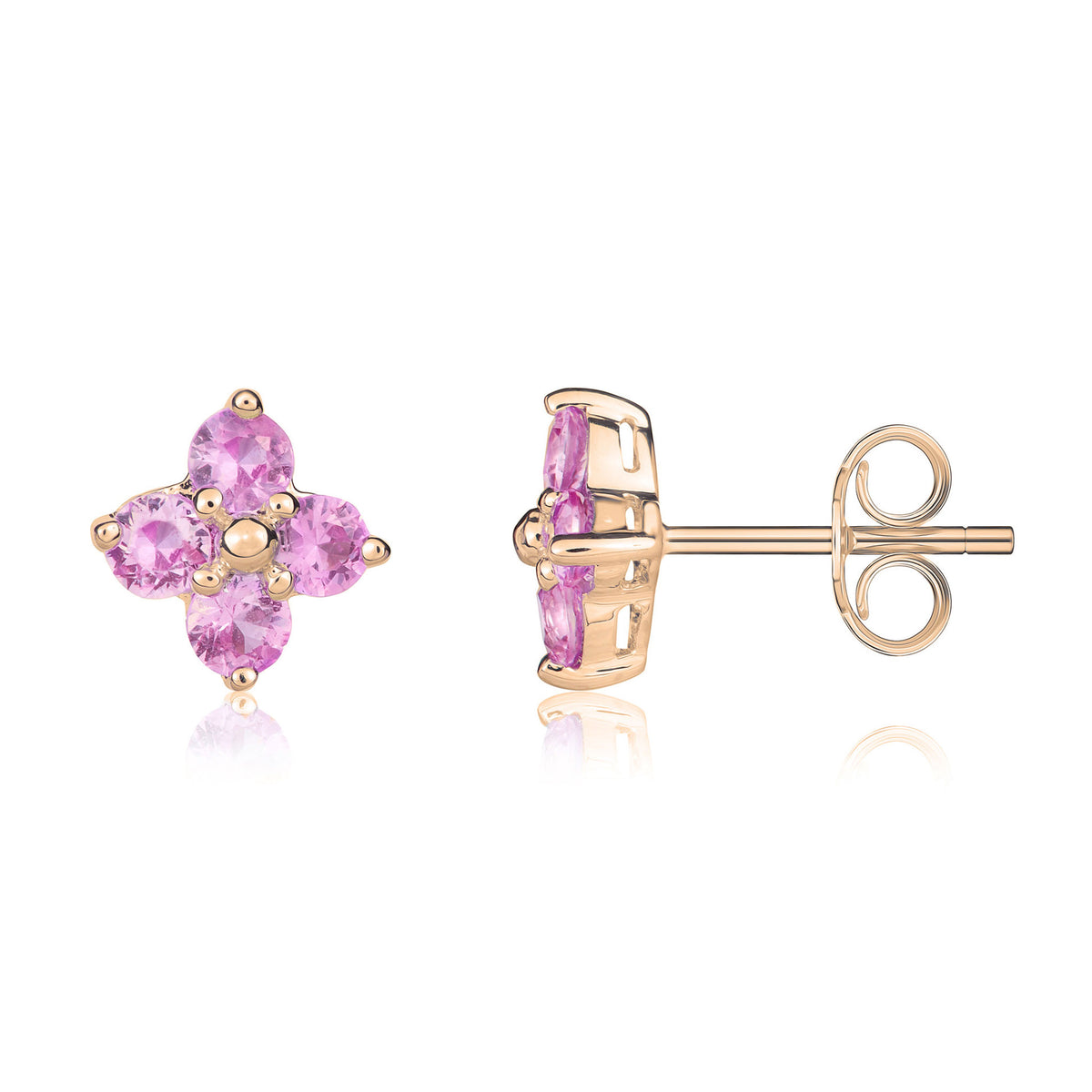 9ct Rose Gold Round Pink Sapphire Quatrefoil Claw Earrings