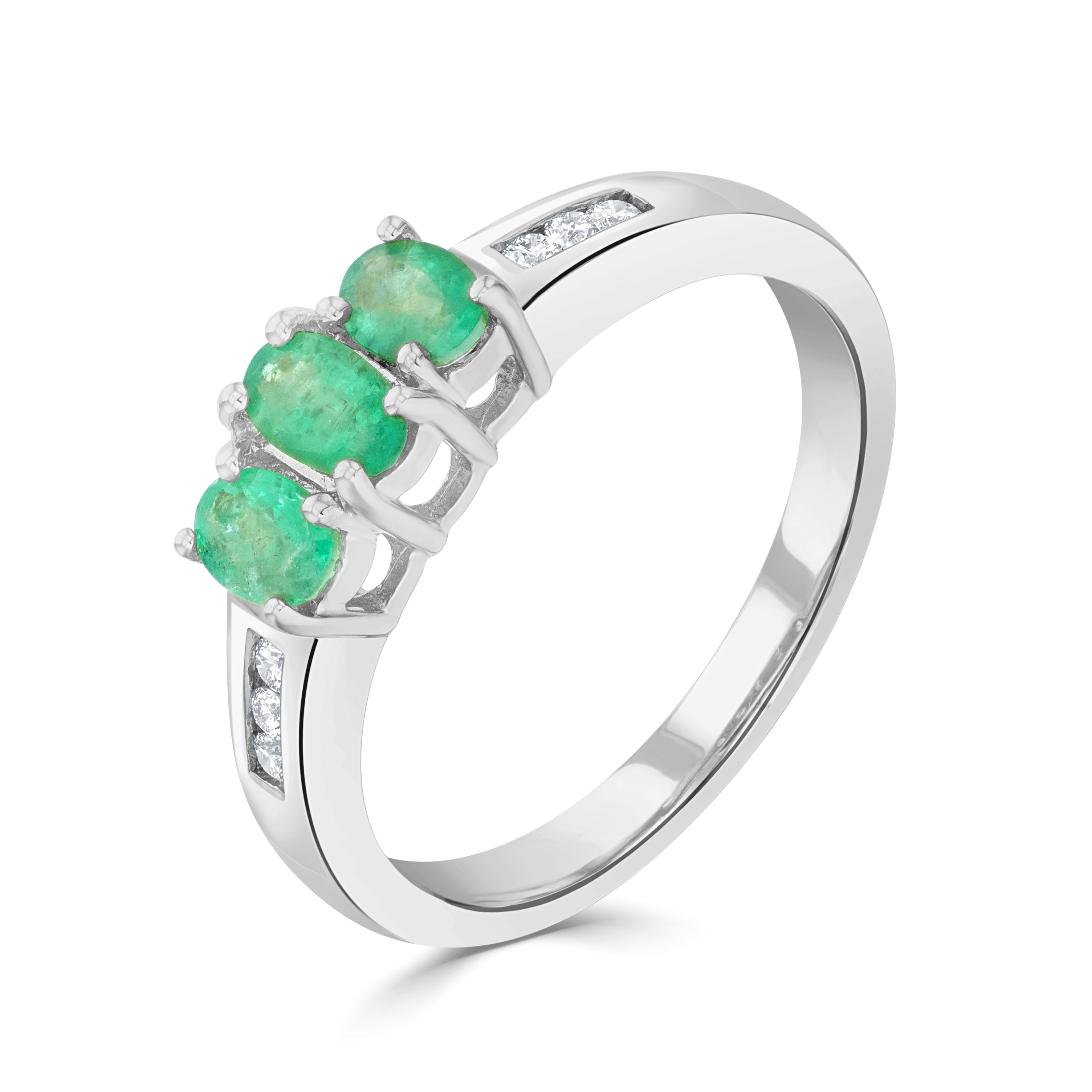 9ct White Gold Oval Emerald Claw Set 3 Stone Ring with Channel Set Diamond Shoulders