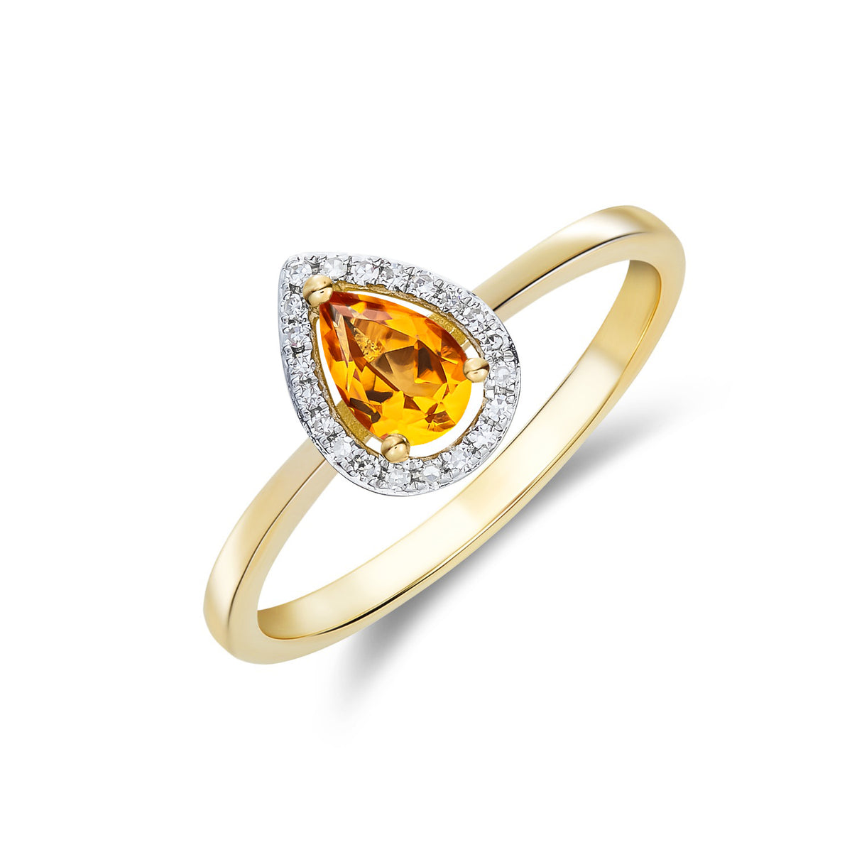 9ct Yellow Gold 6x4 Pear Shape Citrine & Diamond Halo Claw Cluster Ring